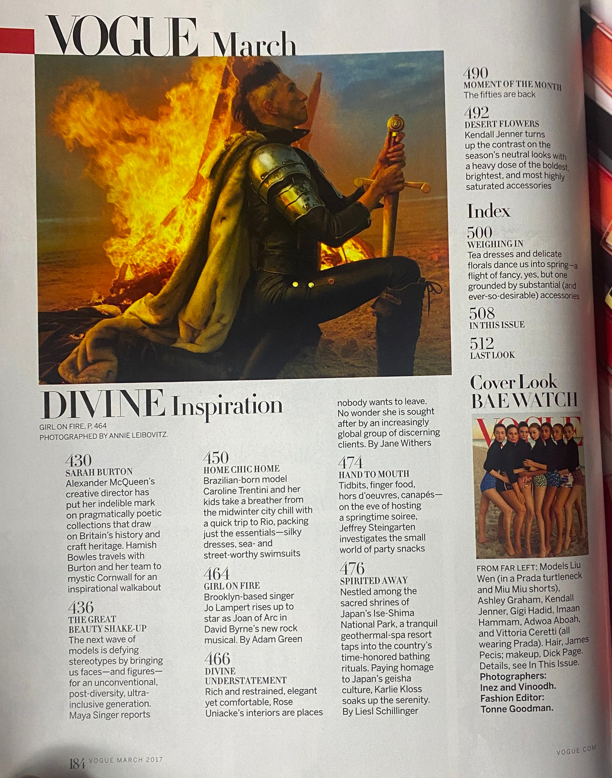 Vogue Magazine March 2017 includes a feature titled Divine Inspiration, showcasing a dramatic editorial with themes of beauty and strength, featuring a model in a historical depiction. Relevant page numbers: 430, 450.