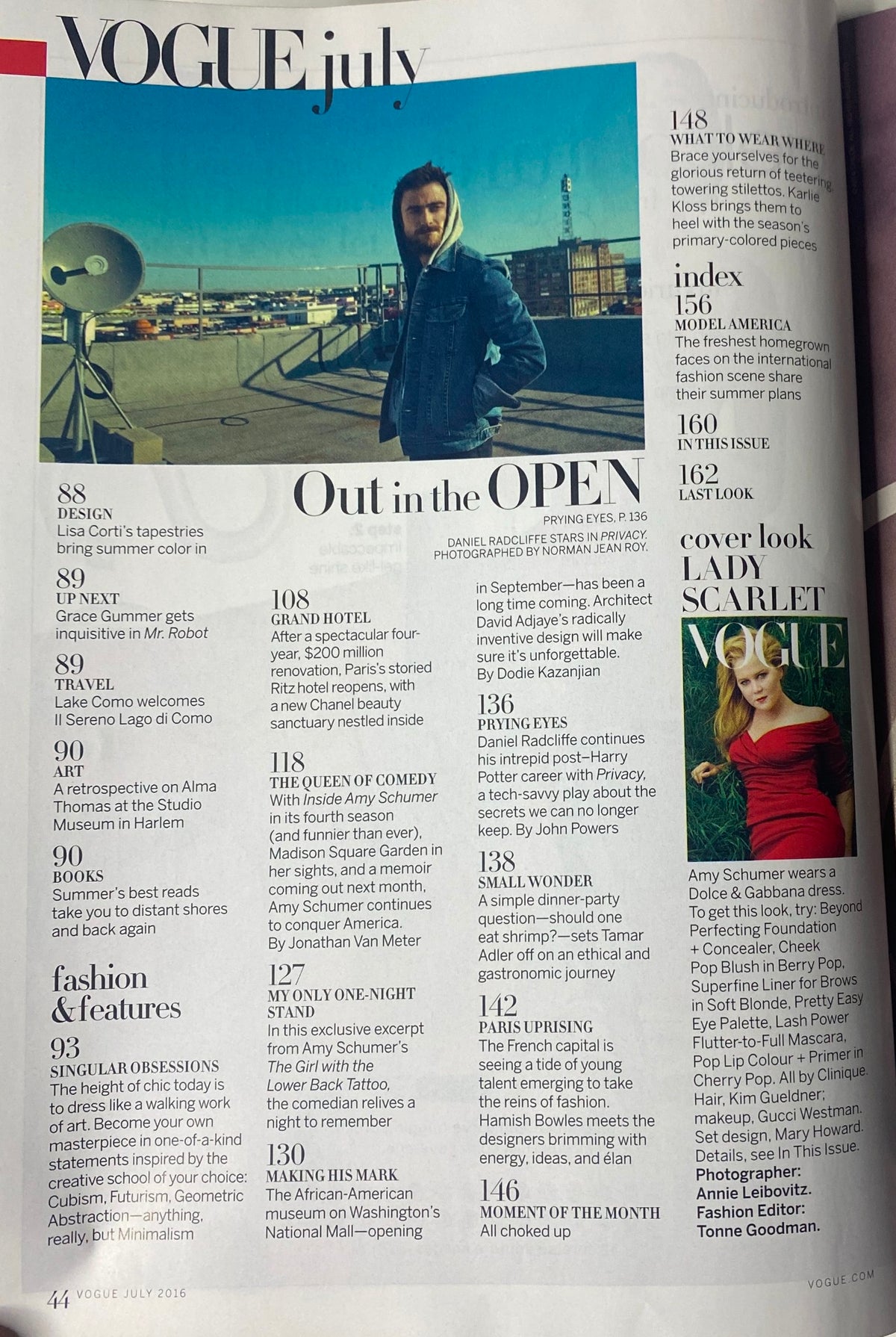 Page from Vogue Magazine July 2016 featuring an article index, highlighting topics such as 'Out in the Open' and 'Fashion & Features'.