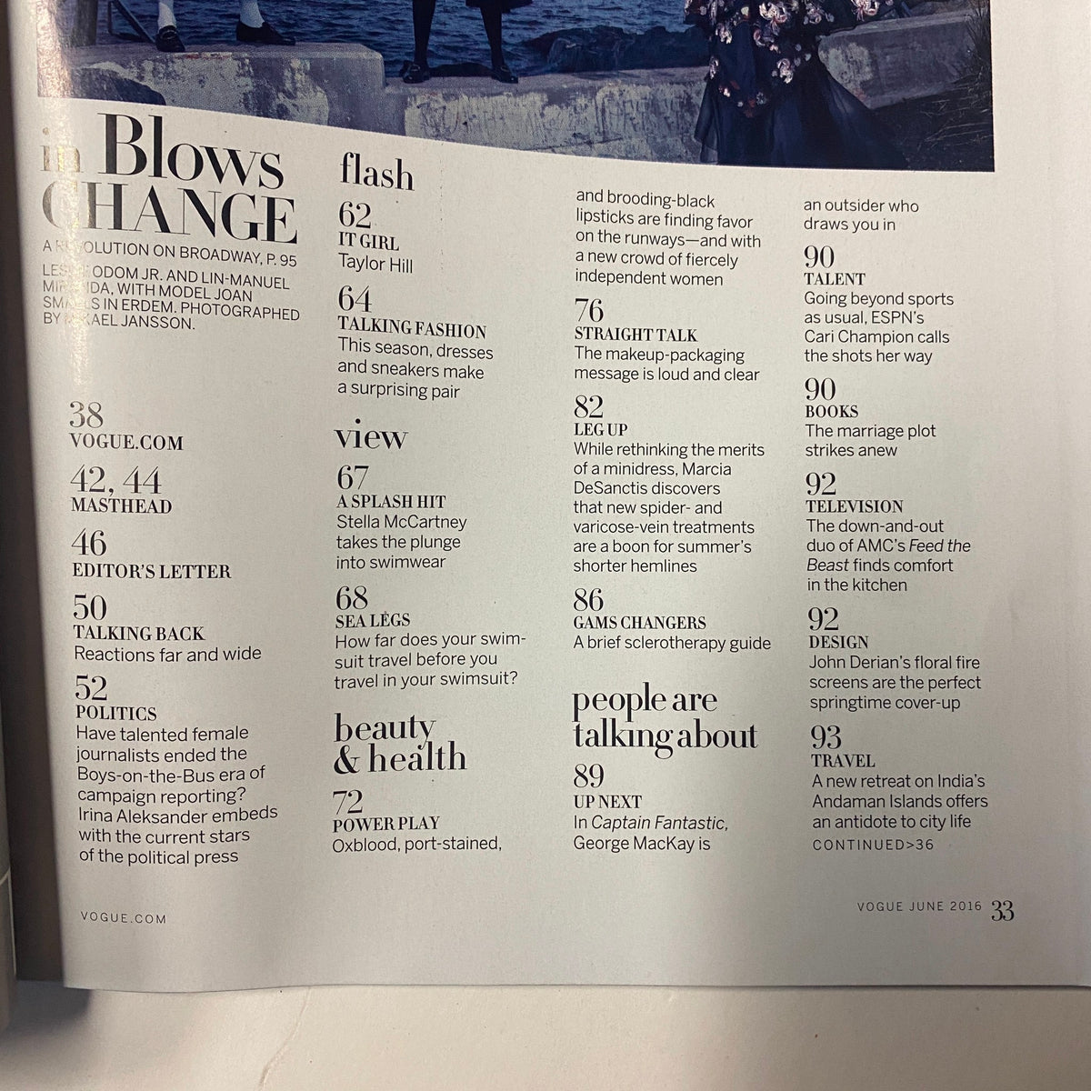 Inside page of Vogue Magazine June 2016 listing contents, including features on fashion and culture, featuring Margot Robbie.