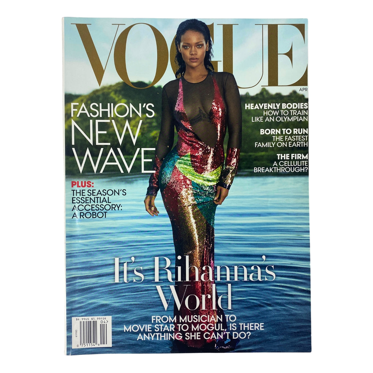Cover of Vogue Magazine April 2016 featuring Rihanna in a colorful sequined dress, showcasing the title 'It's Rihanna's World' and the headline 'Fashion's New Wave'.