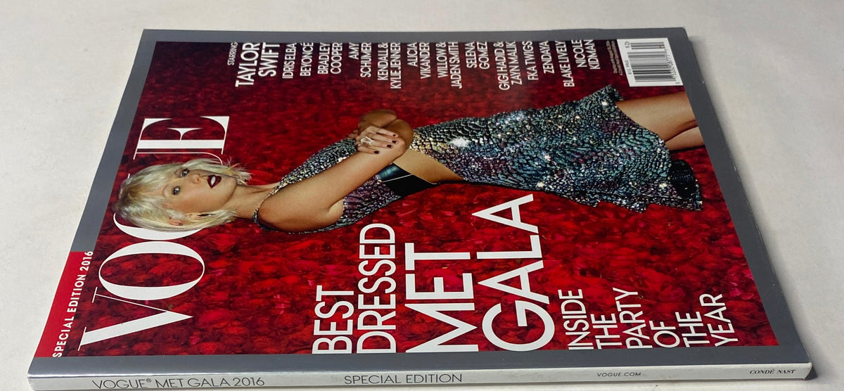 Vogue Magazine 2016 Taylor Swift Cover for Met Gala showcasing a side view of Taylor Swift in a shimmering dress, emphasizing the best-dressed theme and Met Gala celebration.