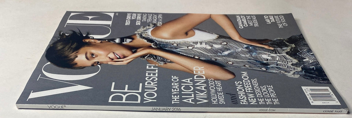 Vogue Magazine January 2016 Alicia Vikander Cover shown at an angle, highlighting the theme 'Be Yourself' associated with Alicia Vikander's rise in Hollywood.