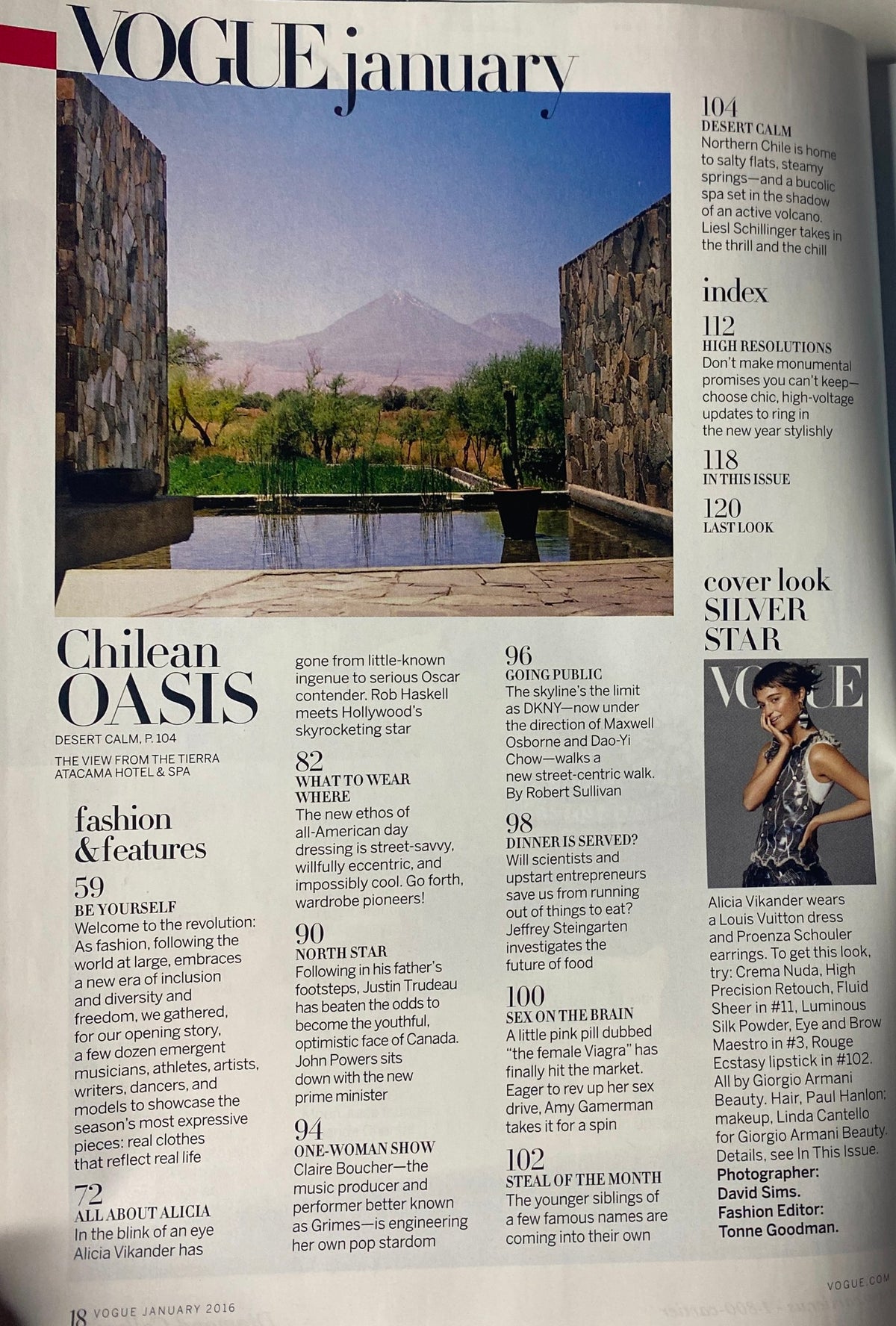 Inside page of Vogue Magazine January 2016 showcasing the table of contents with features including Alicia Vikander, emphasizing diverse stories and fashion.
