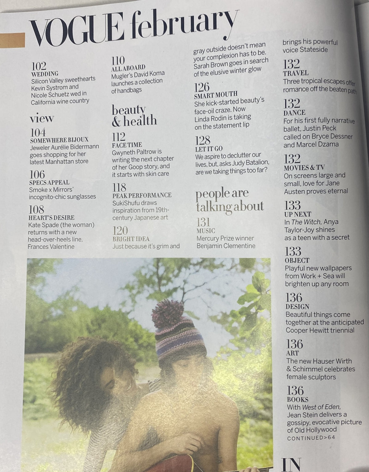 Table of contents page from Vogue Magazine February 2016, listing feature articles including Heart’s Desire and Smart Mouth.