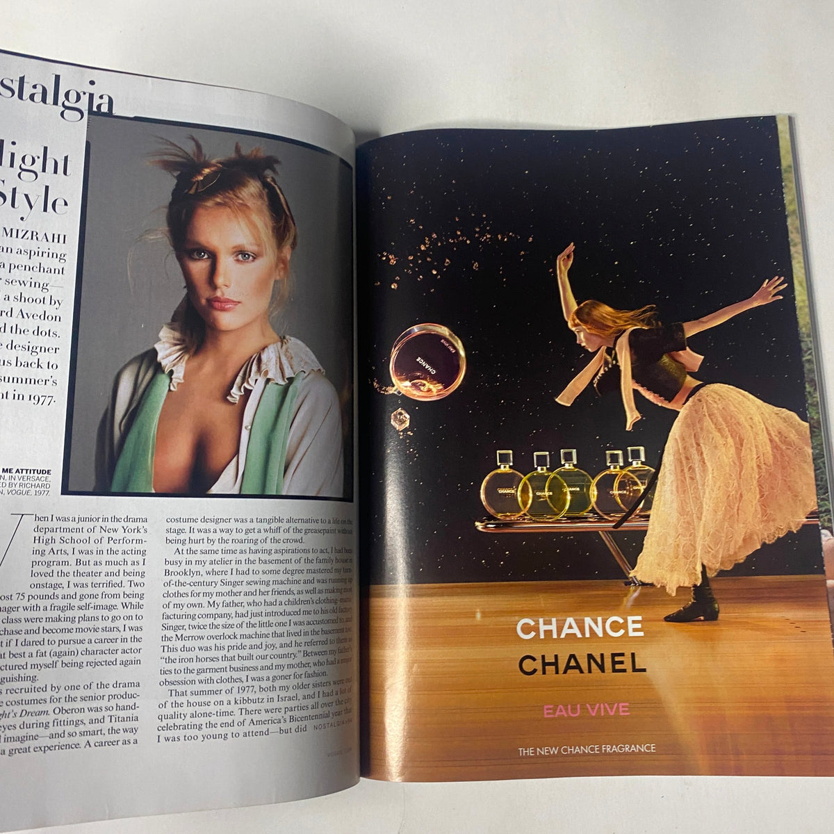 Inside pages of Vogue Magazine February 2016 featuring a fashion spread for Chance Chanel Eau Vive, highlighting nostalgic fashion styles.
