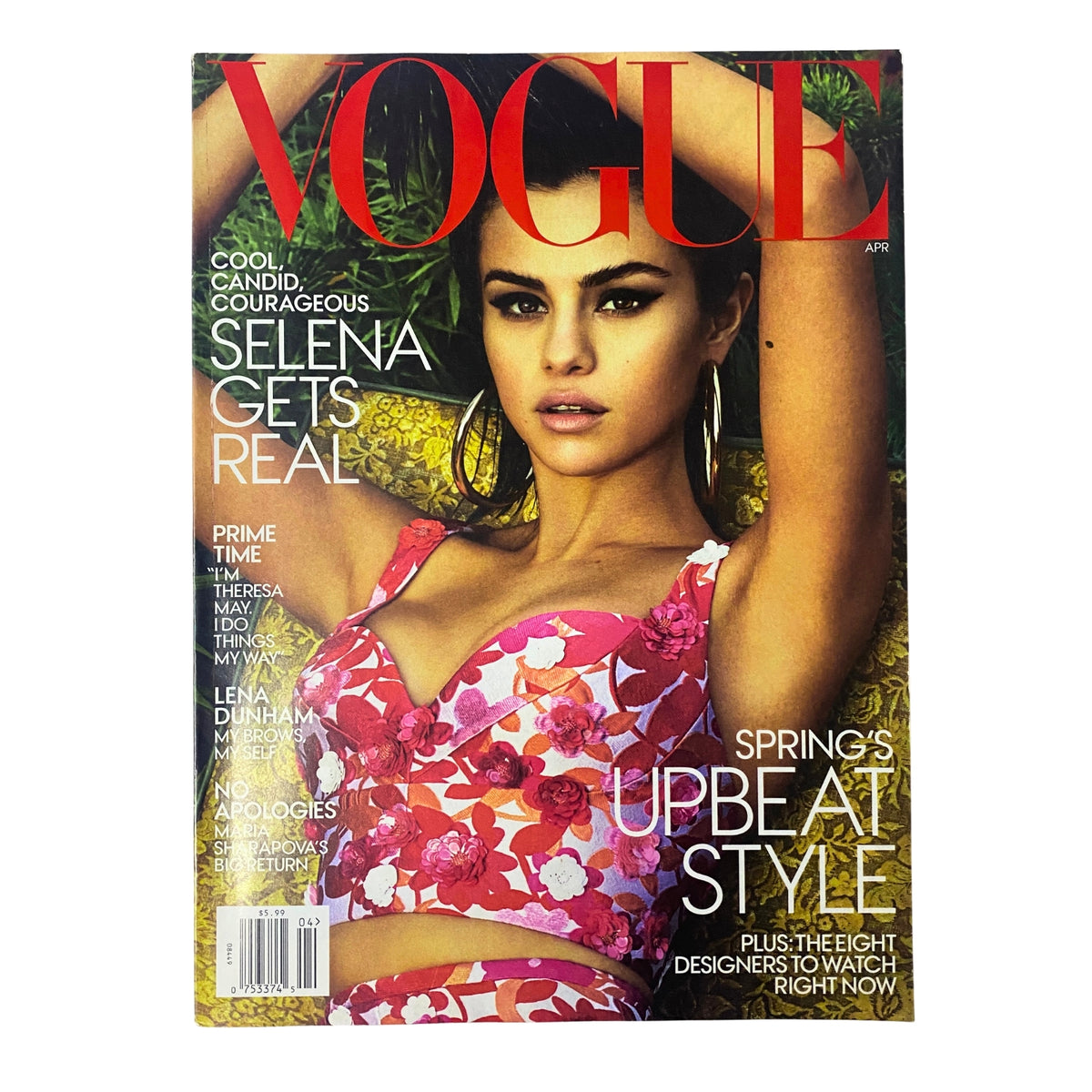 Vogue Magazine April 2017 Selena Gomez Cover No Label VG featuring Selena Gomez in a vibrant floral bikini, showcasing her beauty and style on the cover.