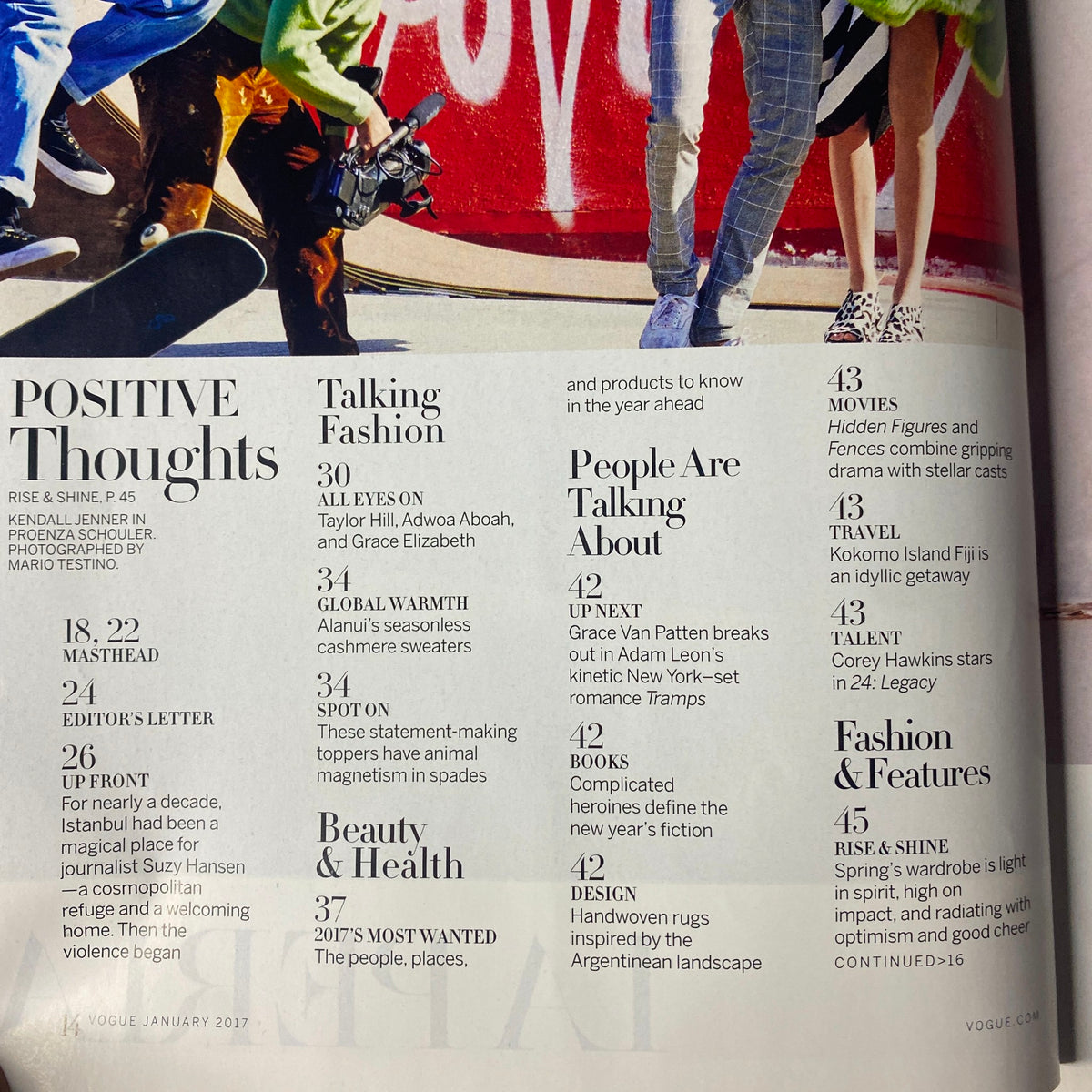 Vogue Magazine January 2017 Ruth Negga Cover No Label, featuring highlights from the Table of Contents about fashion, beauty, and cultural commentary.