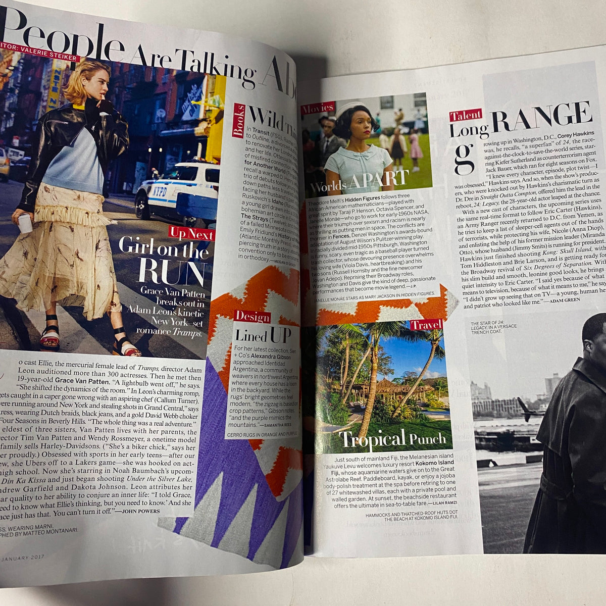 Page excerpt from Vogue Magazine January 2017 displaying fashion pieces and cultural narratives, including talks about Grace Van Patten and travel.