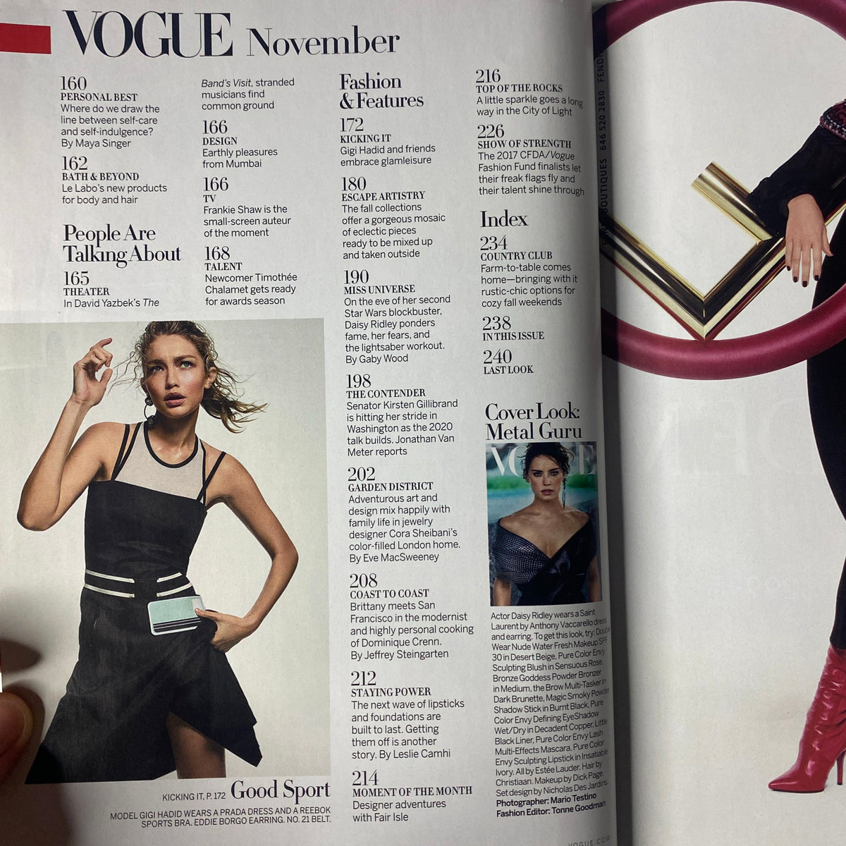 Feature page from Vogue Magazine November 2017 highlighting Daisy Ridley alongside fashion trends and cultural discussions.