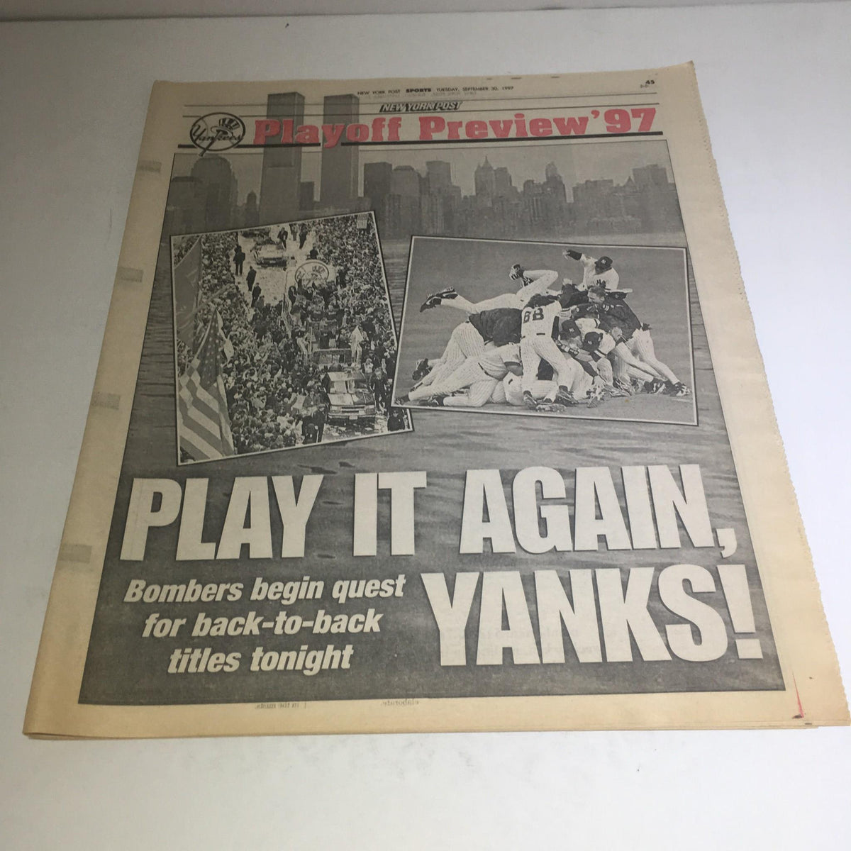New York Post: September 30 1997 Play It Again, Yanks! featuring a large headline about the Yankees playoff preview and images related to the baseball team.