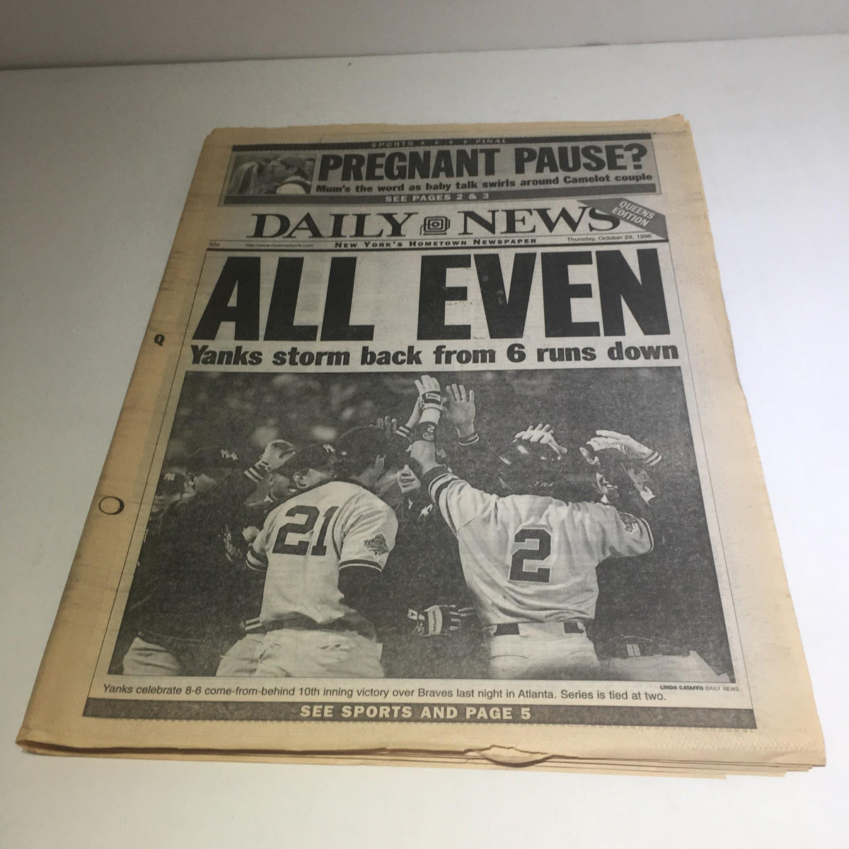 Front page of NY Daily News featuring the title 'NY Daily News: Oct 24 1996 All Even' highlighting Yankees' comeback from a 6-run deficit in game 1 of the World Series.