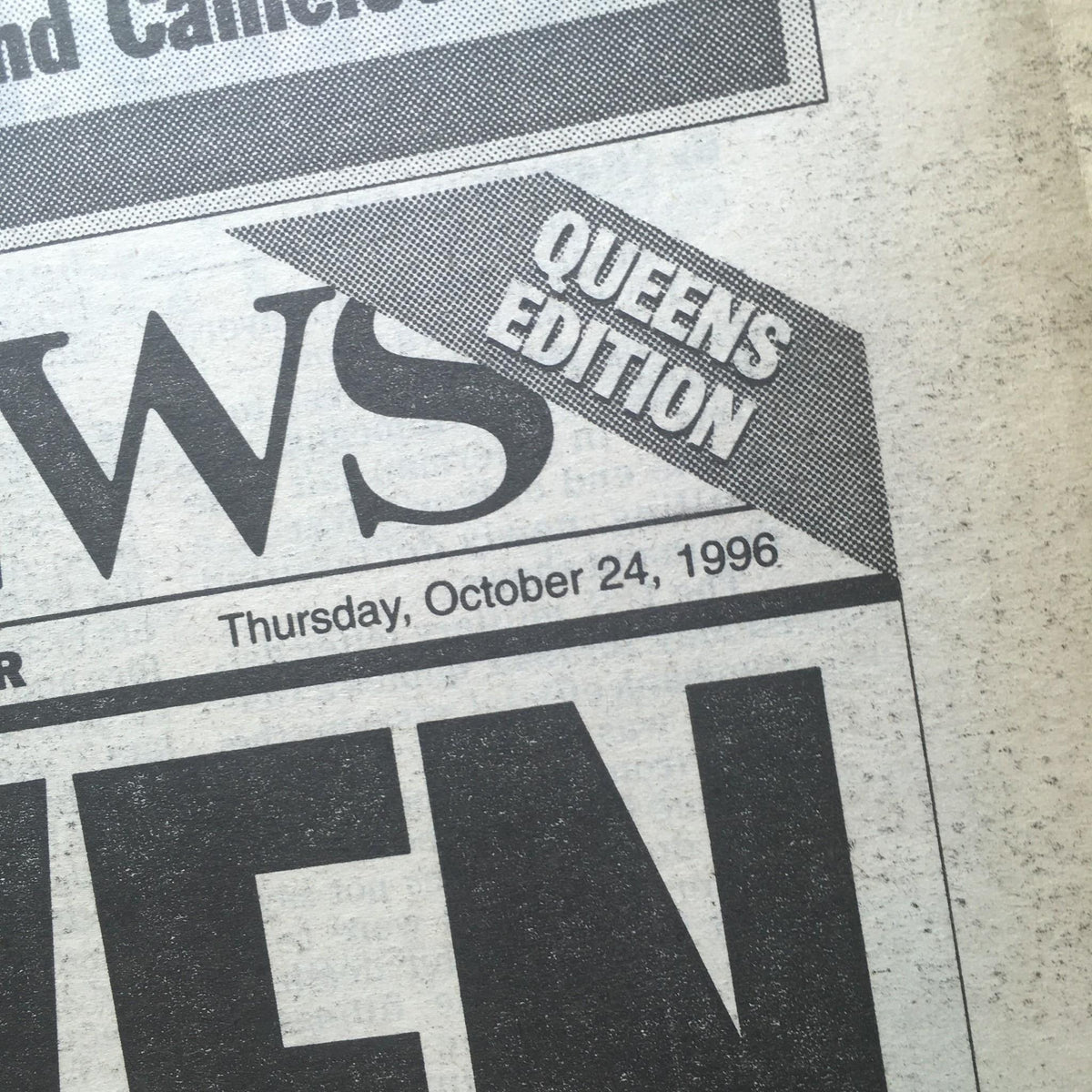 Close-up of NY Daily News headline 'All Even' from October 24, 1996, marking the World Series match with date and 'Queens Edition' tag.