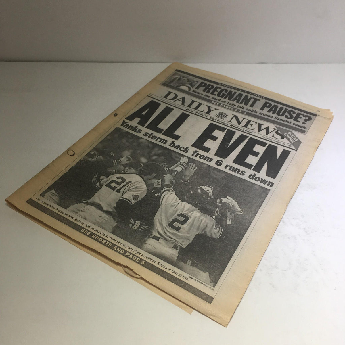 NY Daily News October 24 1996 front page headline reading 'ALL EVEN' with an image of baseball players celebrating after a comeback from a six-run deficit. The newspaper is in excellent condition with mild wear.