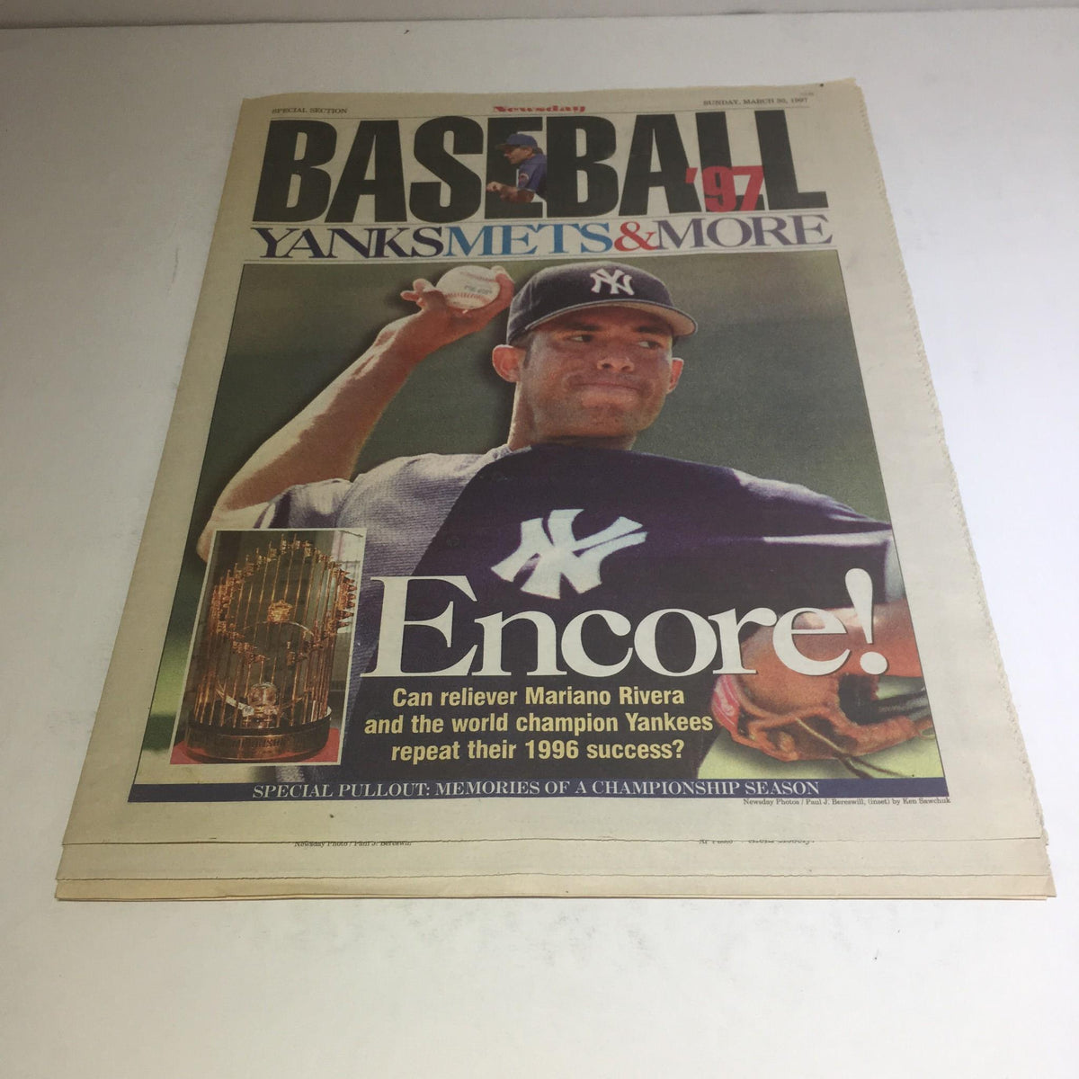 Cover of Newsday: March 30 1997 Baseball '97 Yanks Mets & More Encore! featuring Mariano Rivera, highlighting the upcoming baseball season and the New York Yankees' championship aspirations.