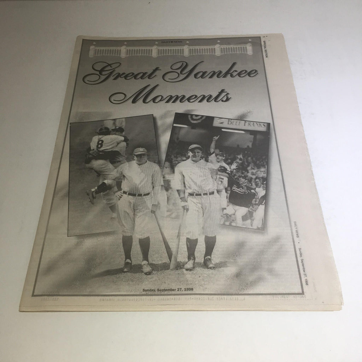 Vintage NY Daily News magazine titled 'Great Yankee Moments' featuring iconic moments from the New York Yankees baseball team, dated September 27, 1998.