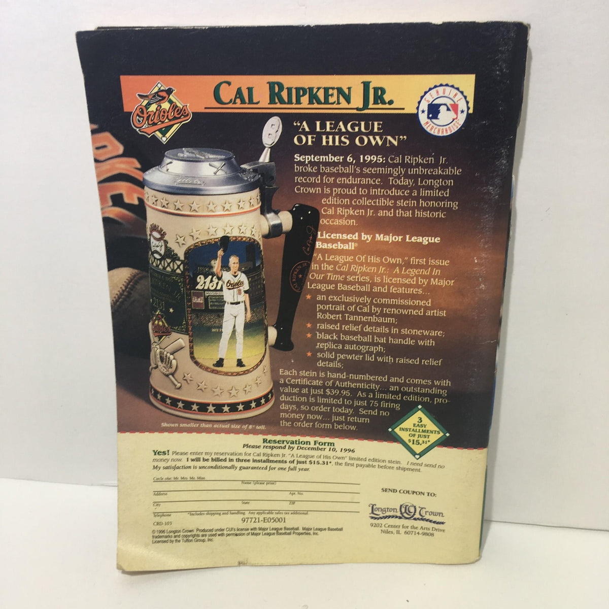 Back view of the November 1996 Baseball Digest Magazine highlighting a collector's item related to Cal Ripken Jr., with promotional details.