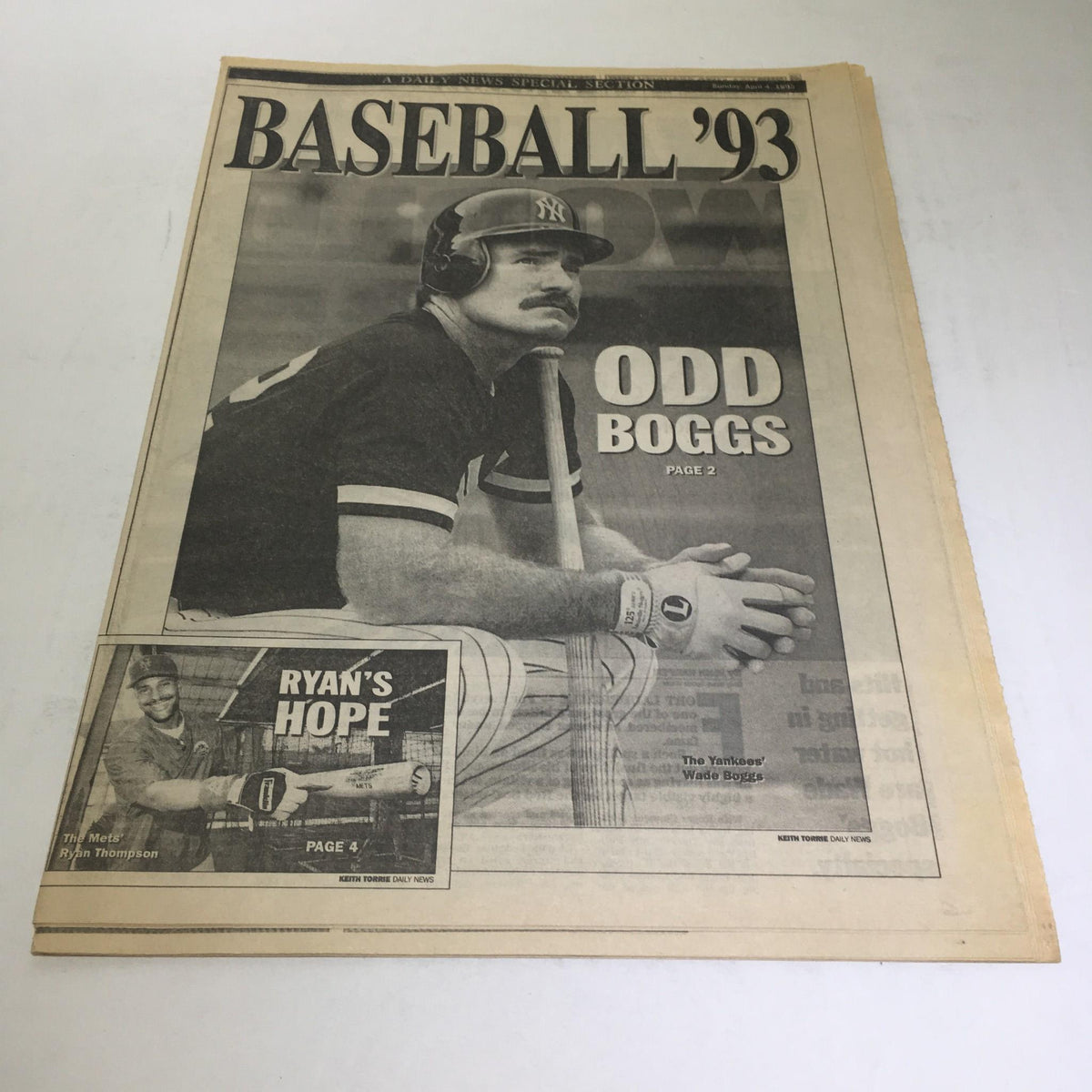 Cover of New York Daily News from April 4, 1993 featuring Odd Boggs and baseball-themed graphics.
