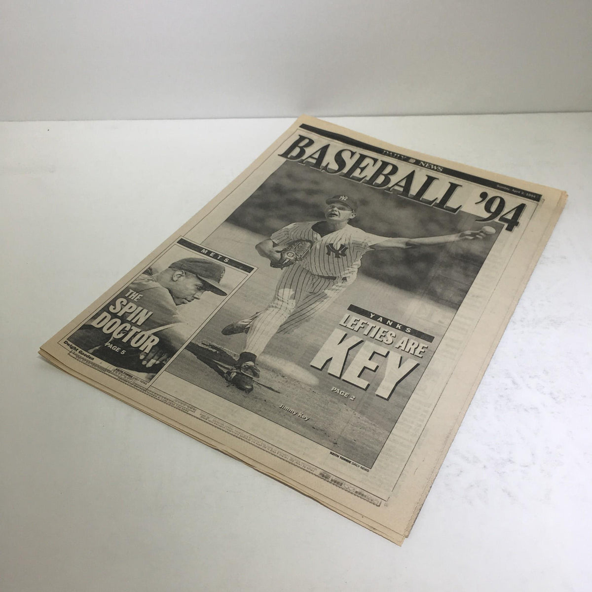 Alternate angle of the NY Daily News: April 3 1994 Baseball '94 Lefties Are Key magazine cover, emphasizing the importance of left-handed players during the baseball season.