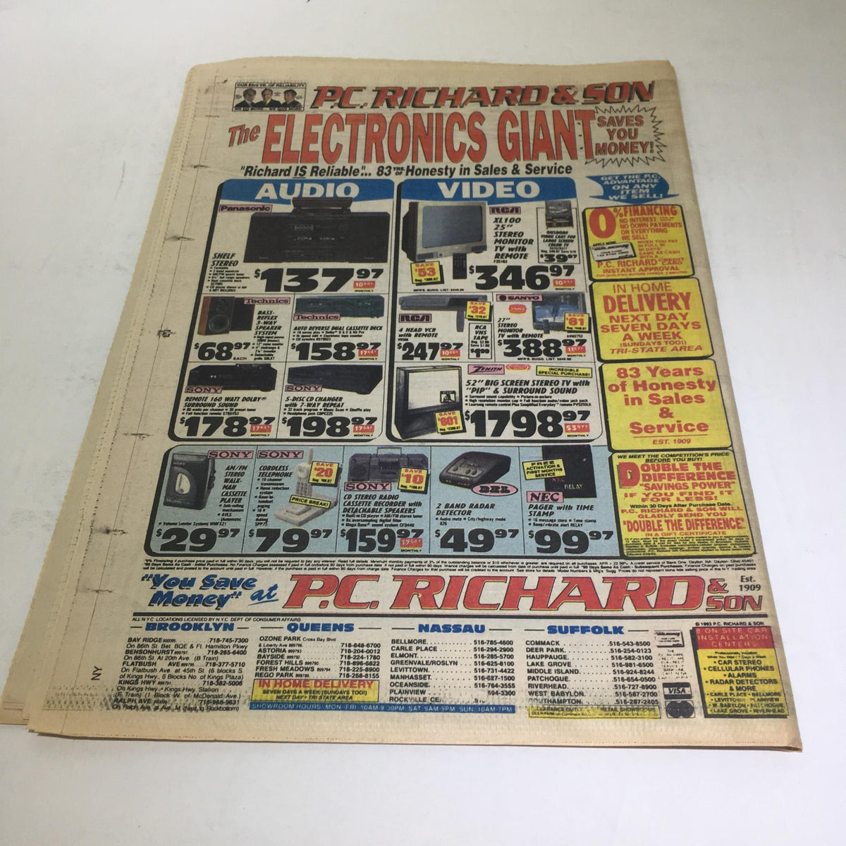 Advertisement page from New York Newsday: April 4 1993 Baseball '93 featuring P.C. Richard & Son electronics, showcasing products and deals available at the time.