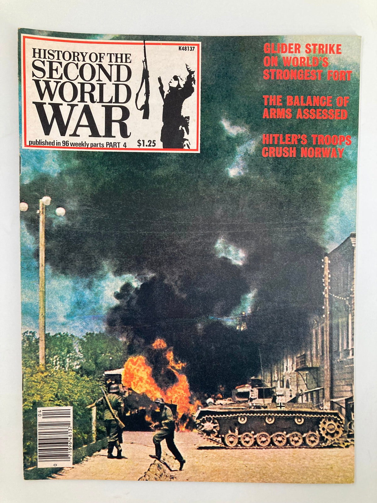 Cover of 'VTG History of the Second World War Part 4 1978 - Hitler's Troops Crush Norway' featuring a military scene with smoke and soldiers, highlighting the German invasion of Norway.