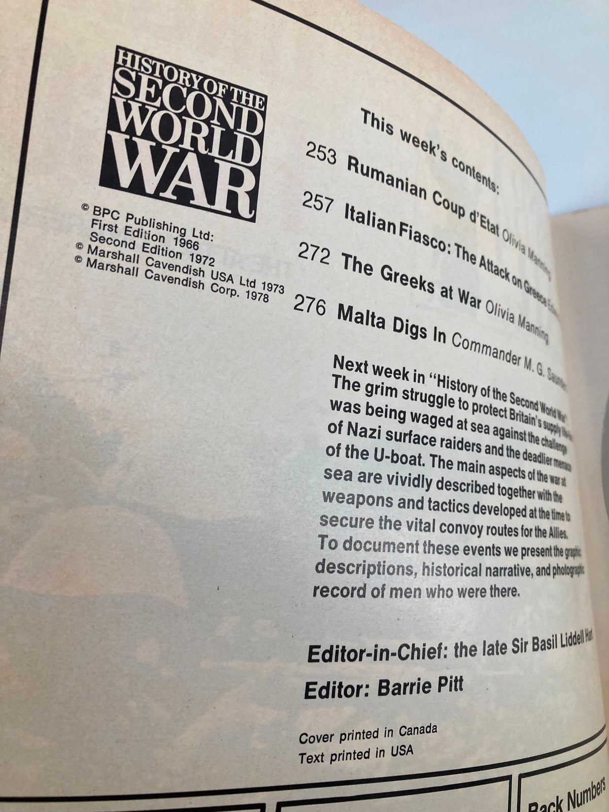 Contents page of VTG History of the Second World War Part 10, detailing various articles including 'Italian Fiasco: The Attack on Greece'. This page offers a look into the historical narratives covered in the 1978 edition.