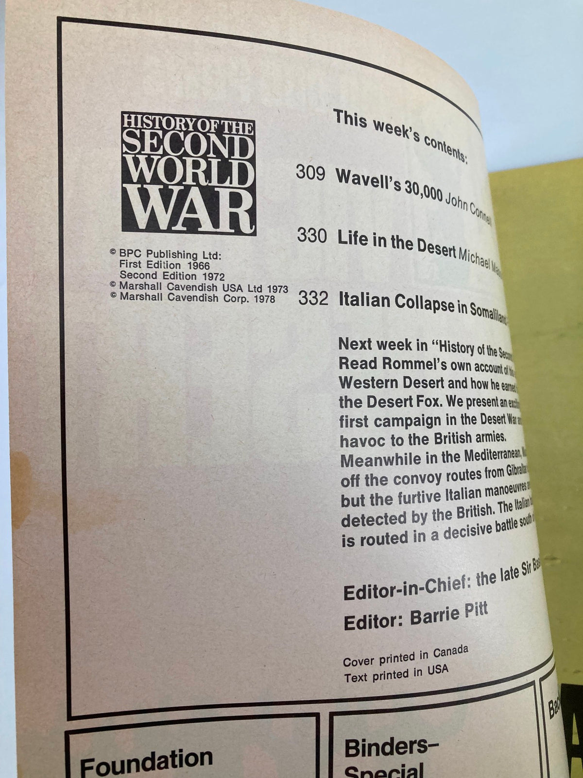 Interior page of VTG History of the Second World War Part 12 1978 - Victory in The Desert featuring the table of contents and article highlights.
