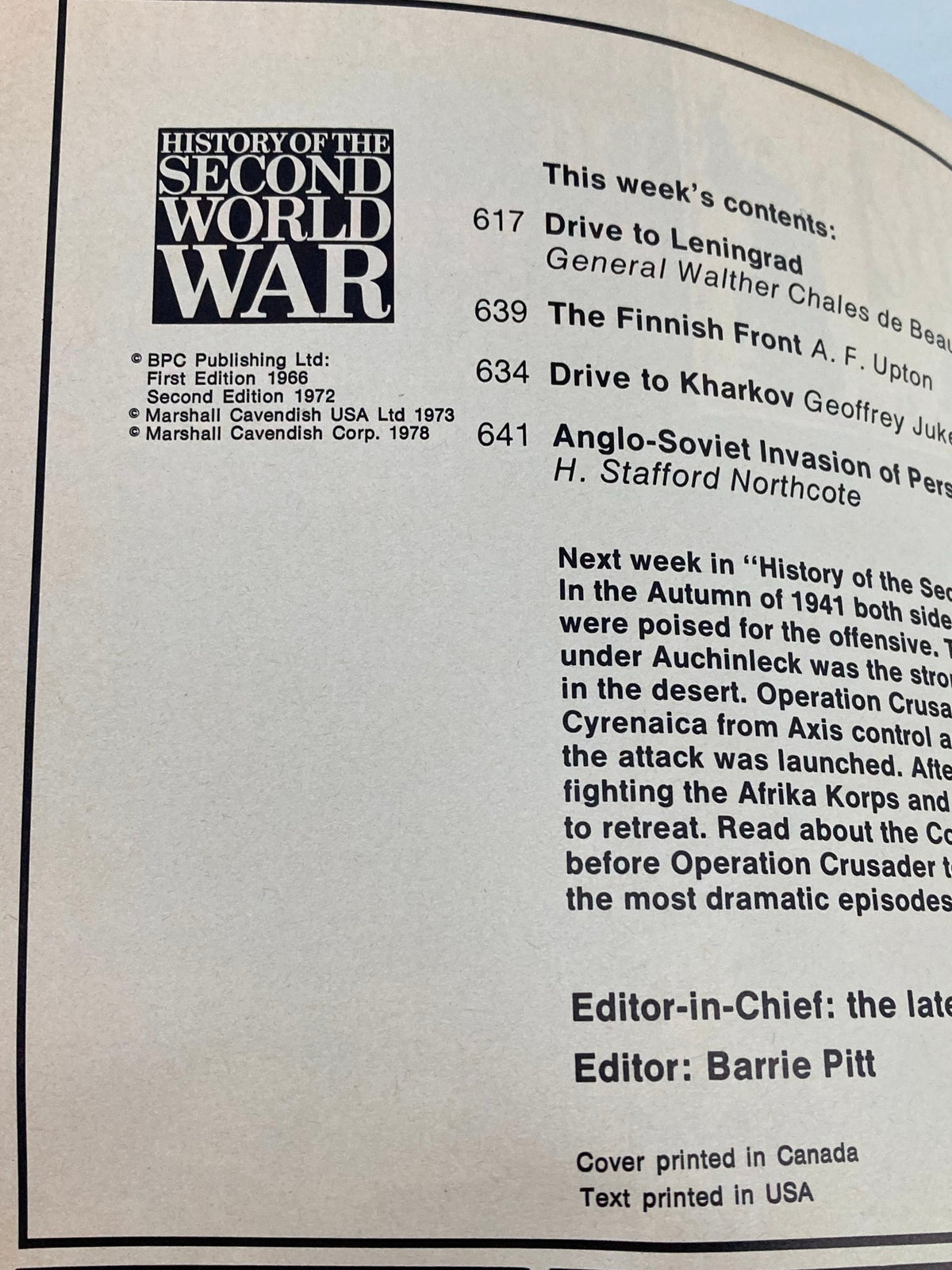 Interior page of the vintage magazine 'History of the Second World War Part 23 1978 - Russia Blunts The Blitzkrieg', displaying the week's contents including articles on Leningrad, the Finnish Front, and the Anglo-Soviet Invasion, showcasing historical insights into World War II.