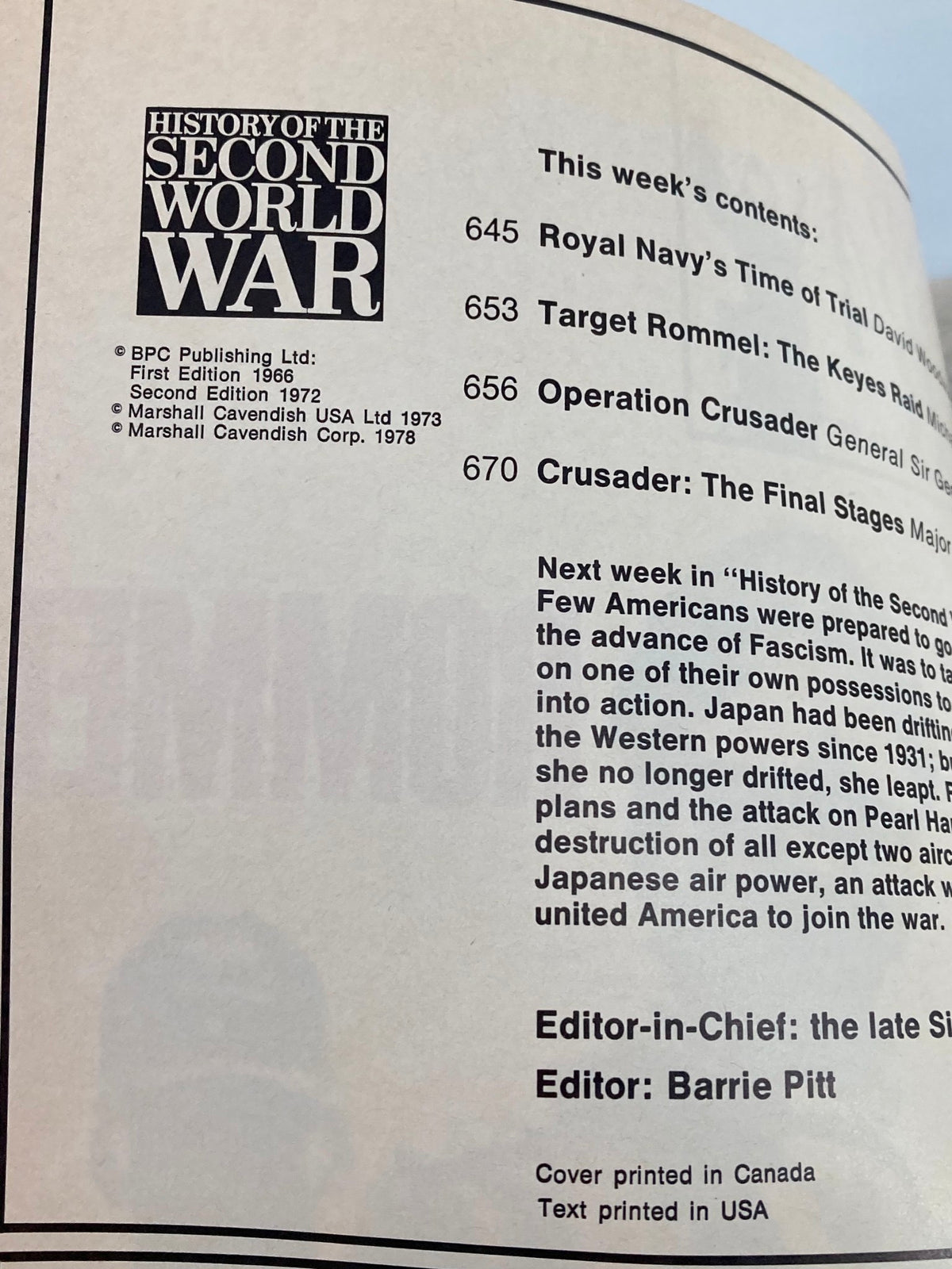 Contents page from 'History of the Second World War Part 24 1978 - Target Rommel Commando Raid', listing articles and insights about key events in World War II.