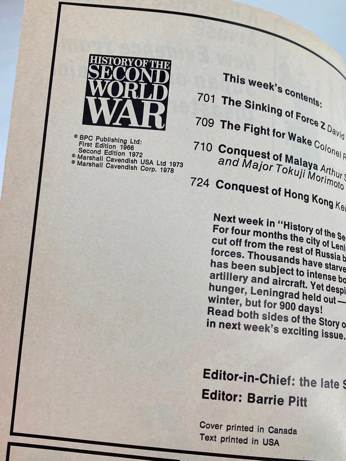 Interior page of the vintage magazine 'History of the Second World War Part 26 - Japan on this Major Disaster', displaying the table of contents and the publication details from 1978.