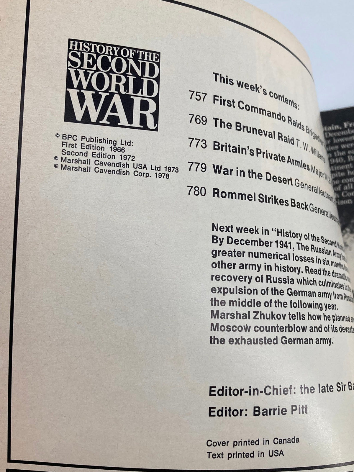 Inside page of History of the Second World War Part 28, detailing the contents including major events such as the first commando raids and military strategies used in the Second World War.
