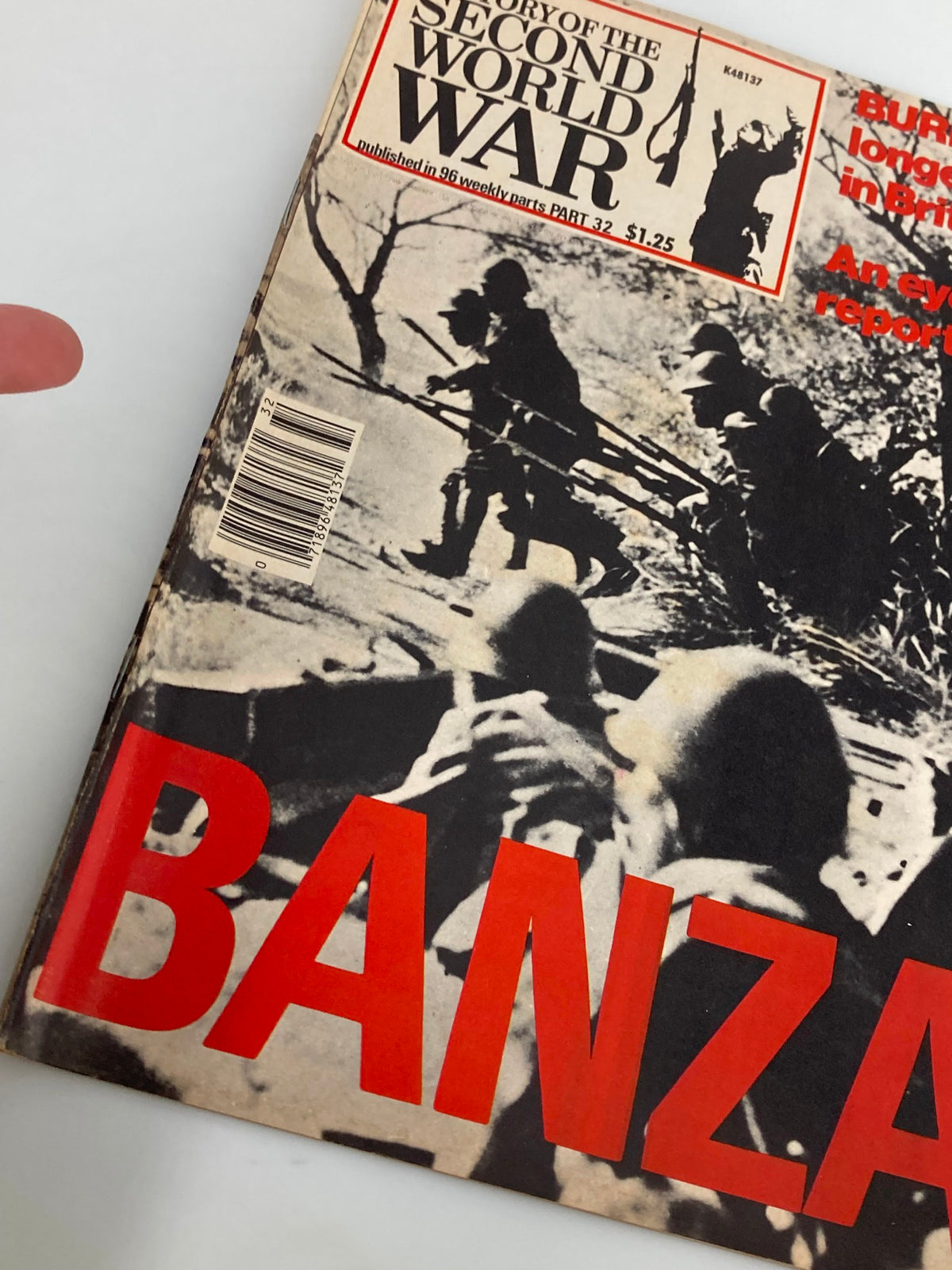 Close-up view of the cover of 'VTG History of the Second World War Part 32 1978 - Burma Longest Retreat' showcasing the title and imagery of WWII soldiers.