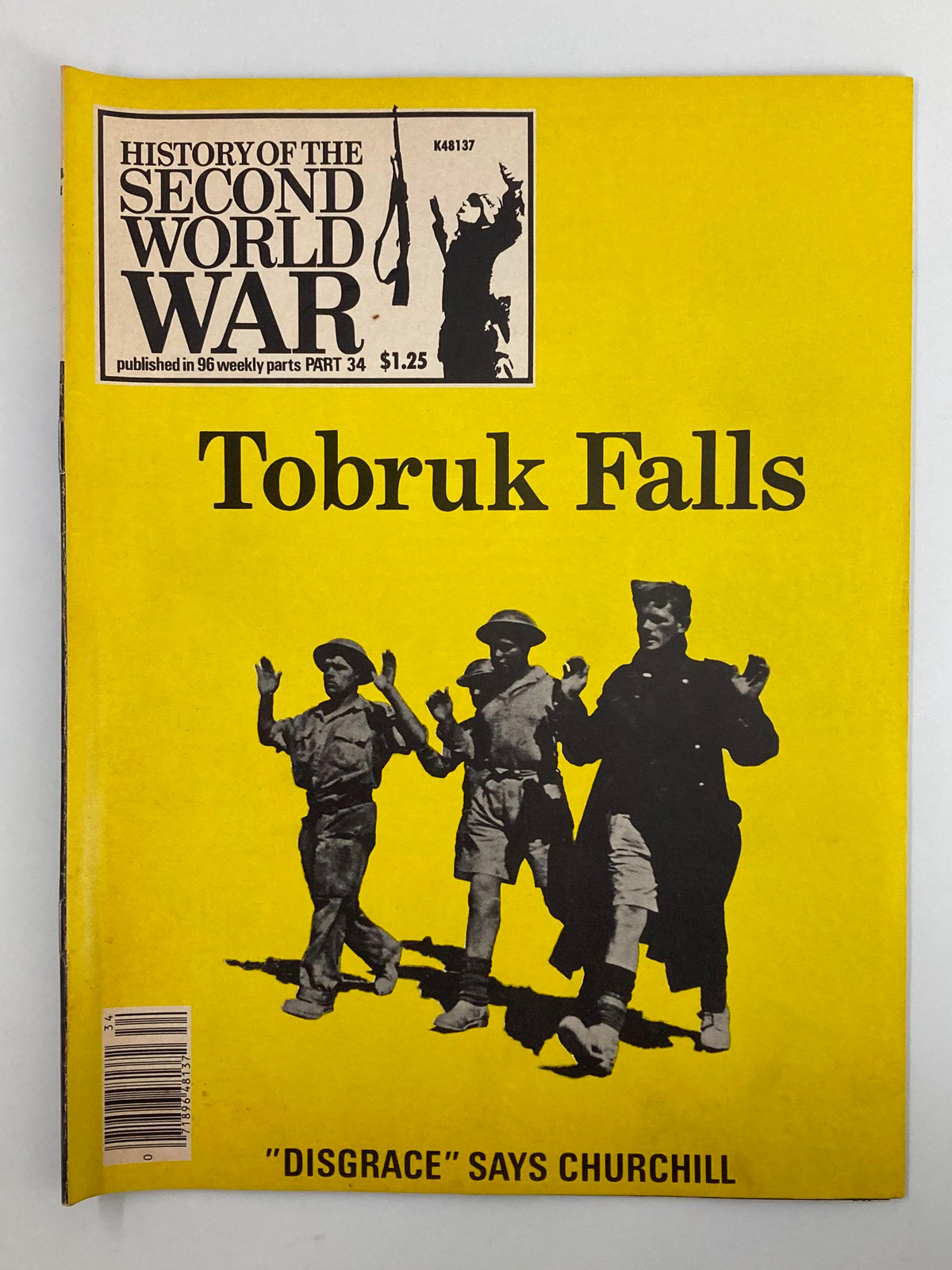 Cover of VTG History of the Second World War Part 34 titled 'Tobruk Falls Disgrace' featuring soldiers on a striking yellow background.