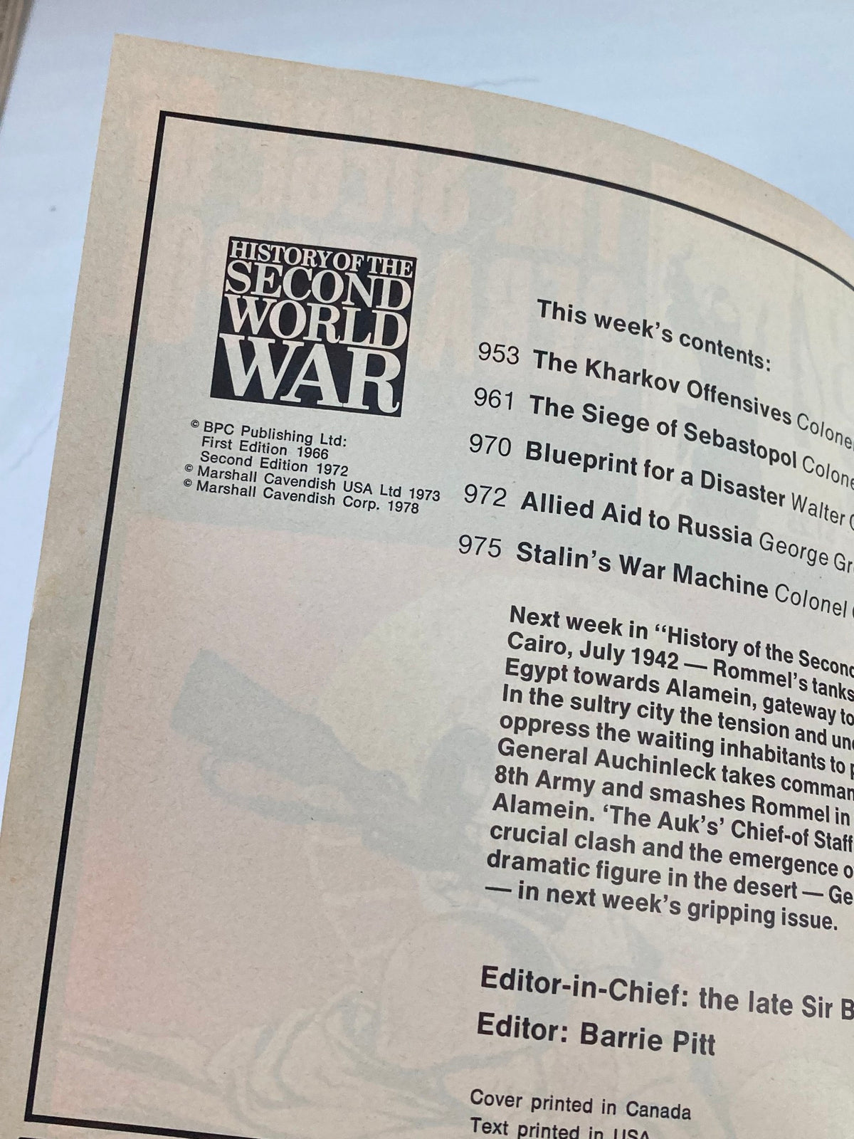 Interior view of the vintage magazine 'History of the Second World War Part 35: The Siege of Sebastopol', showcasing the table of contents and publication details.