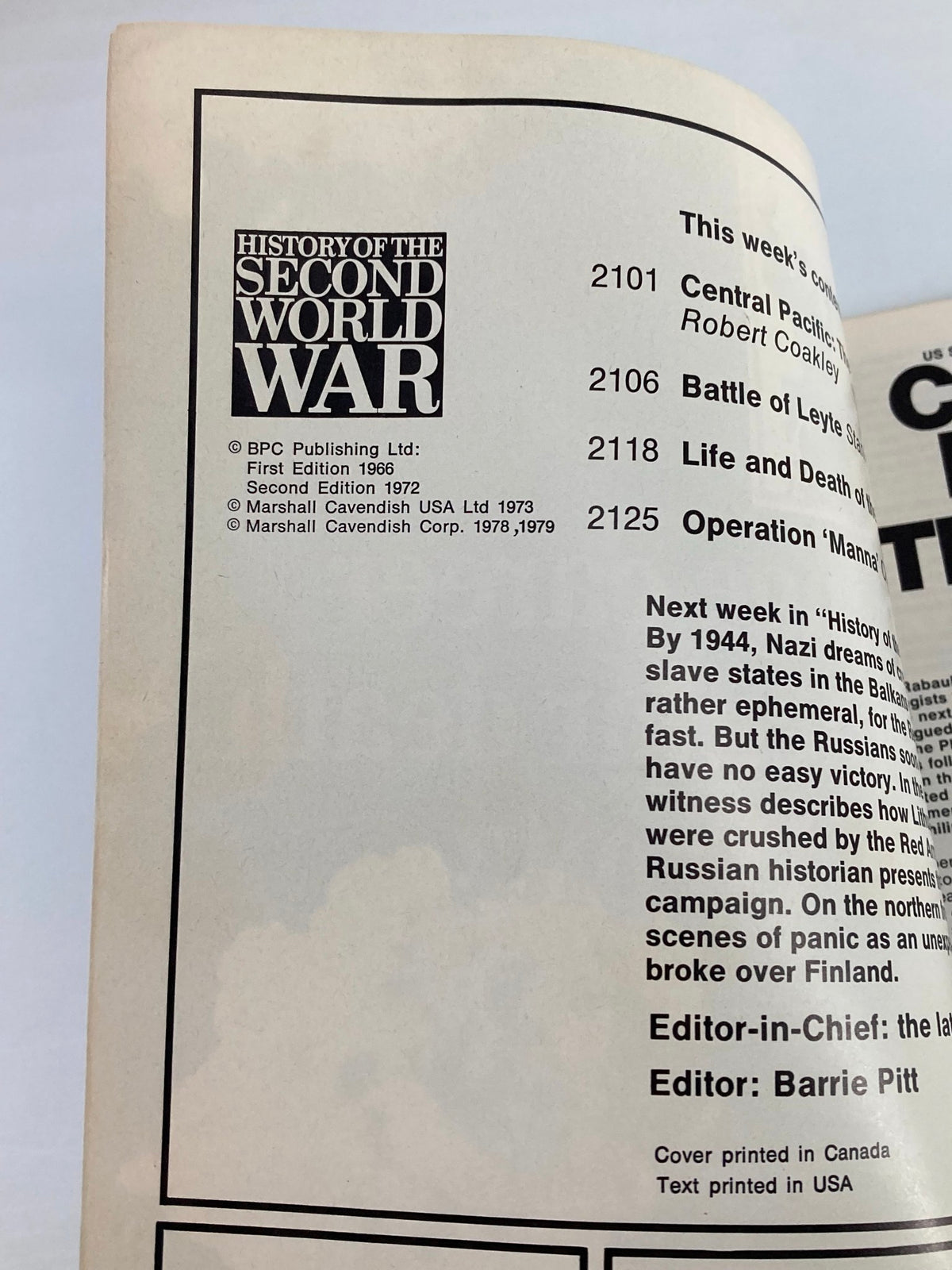 Cover image of the vintage magazine 'VTG History of the Second World War Part 76 1979 - The Strange Career of Tirpitz', featuring the table of contents and publication details, highlighting articles on World War II.