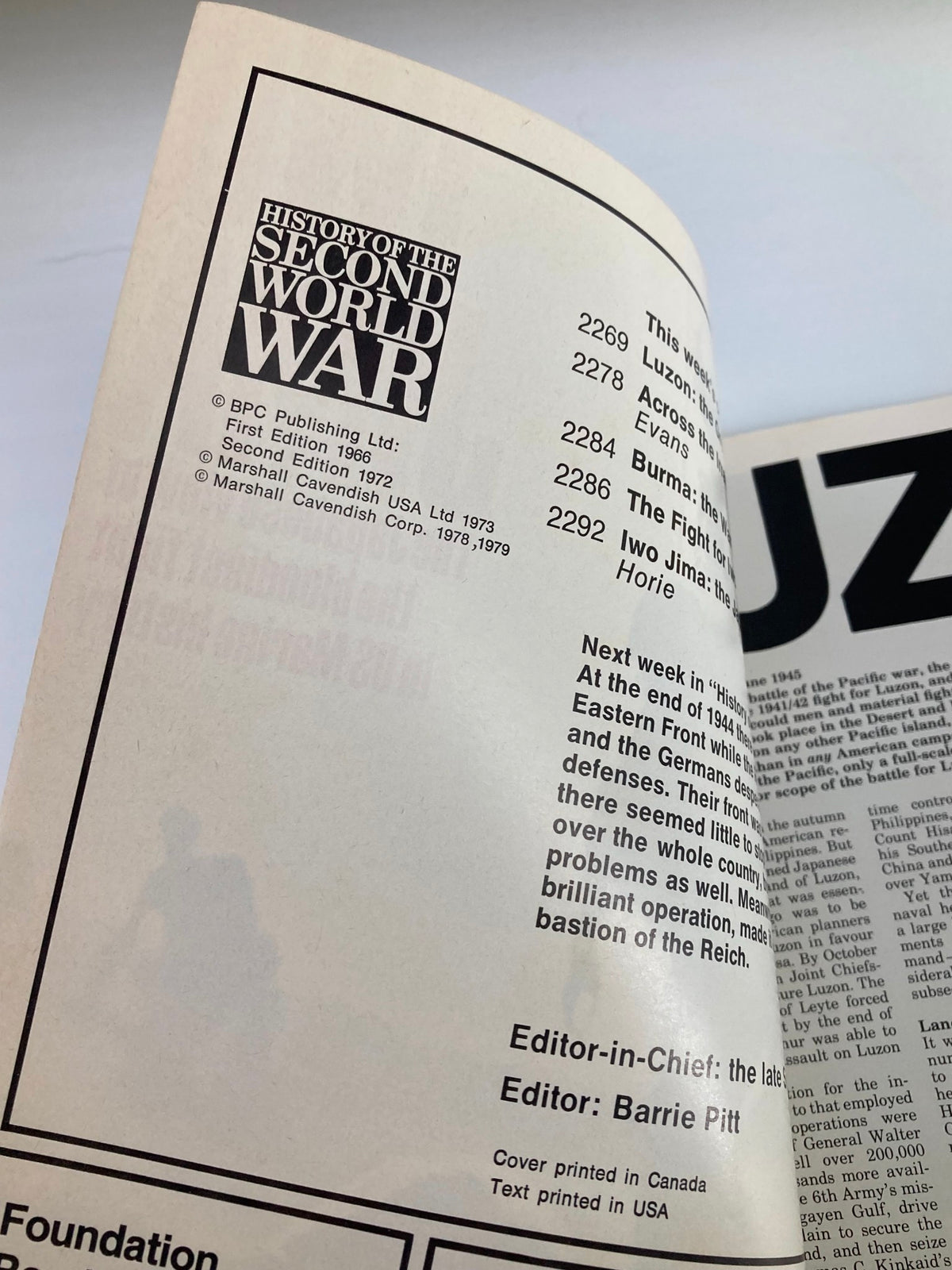 Interior page of VTG History of the Second World War Part 82, featuring publication details and a list of topics including 'Iwo Jima: The Fight for Horie' and an introduction by editor Barrie Pitt.