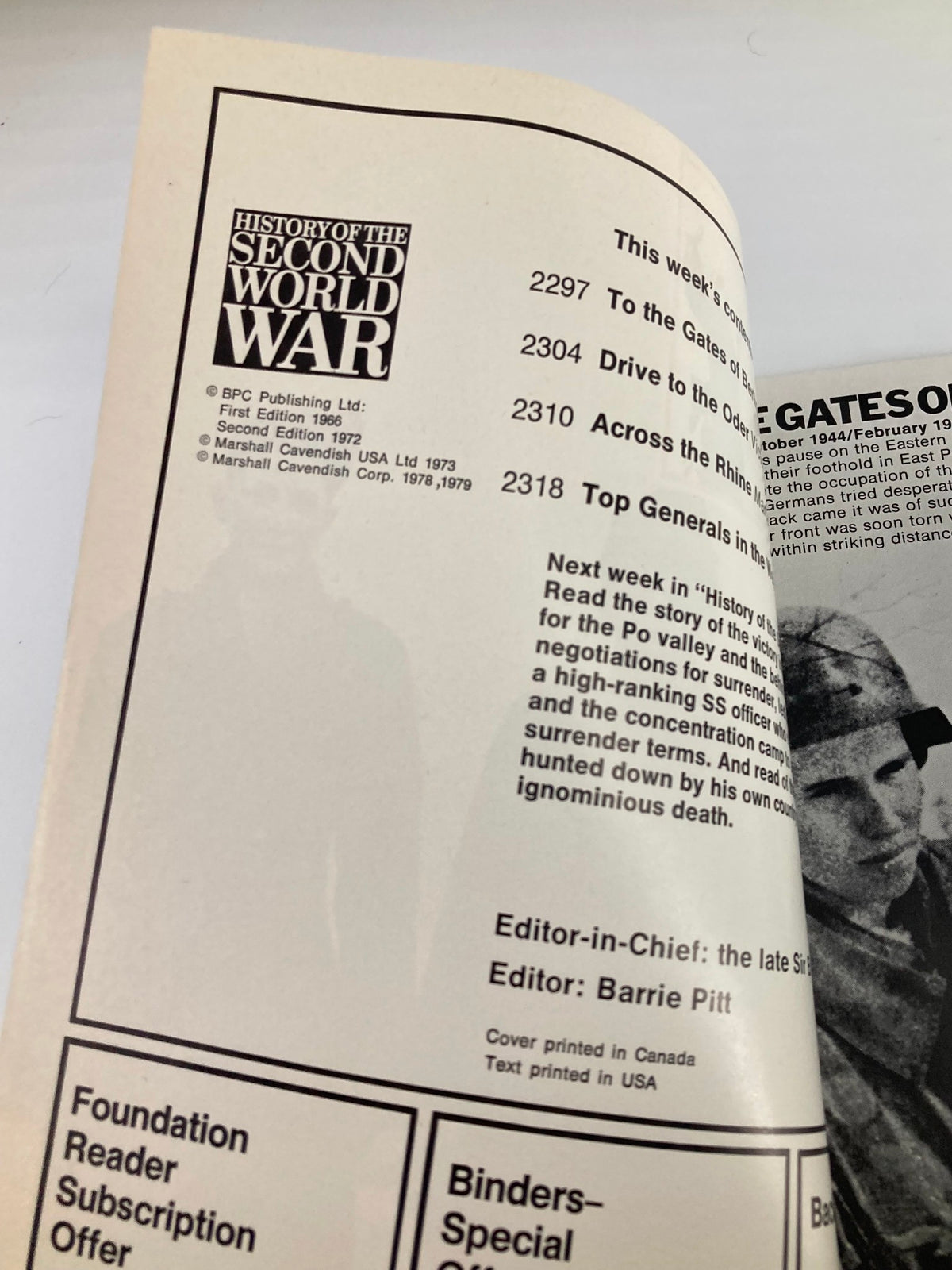 Interior page of VTG History of the Second World War Part 83, 1979, showcasing the table of contents and editorial information, highlighting key articles and historical insights.