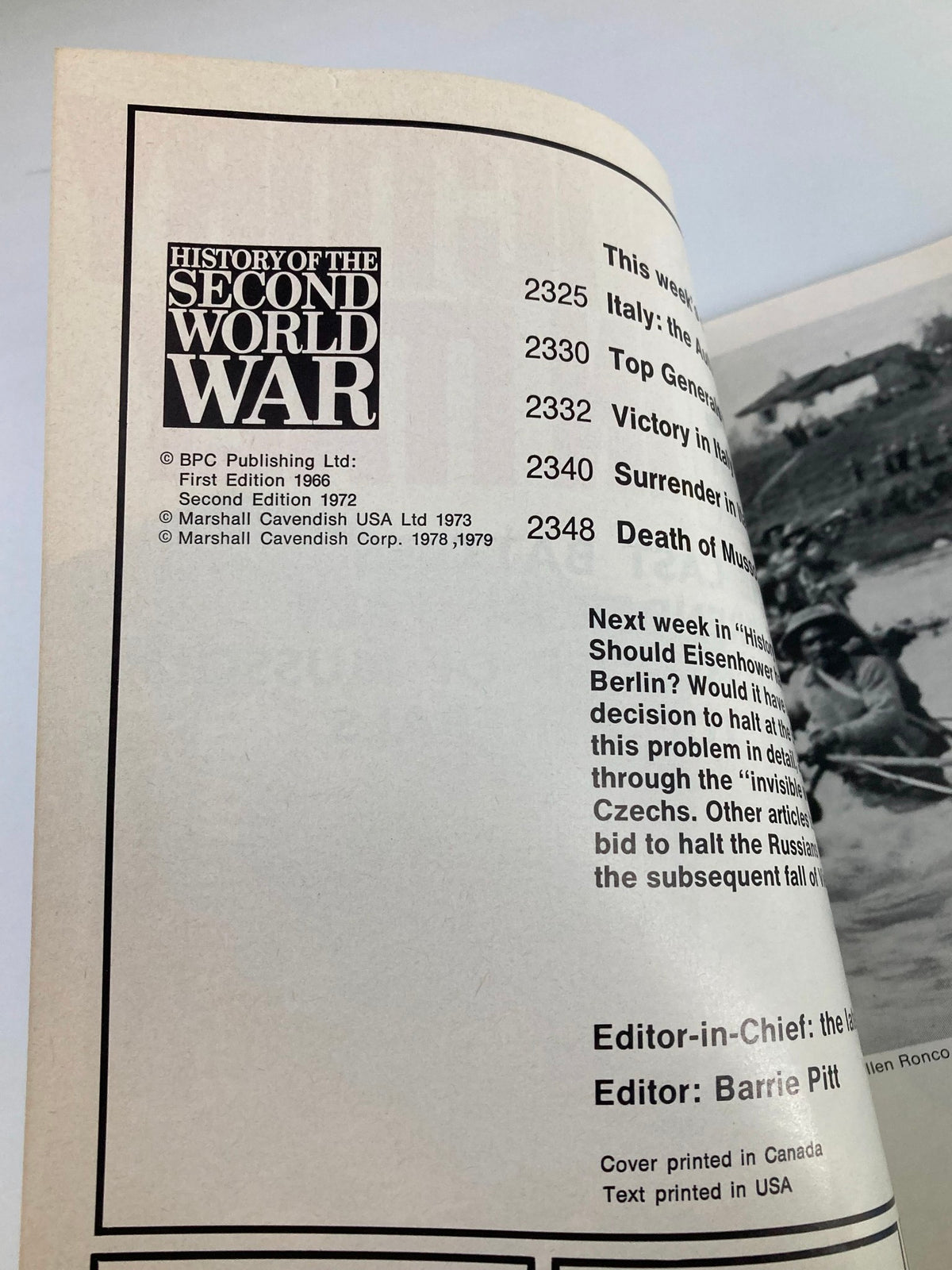Interior page of VTG History of the Second World War Part 84 1979 - Victory in Italy, detailing the contents and topics covered in the magazine. This includes sections on Italian military campaigns, surrender scenarios, and the historical context of prominent figures during WWII.