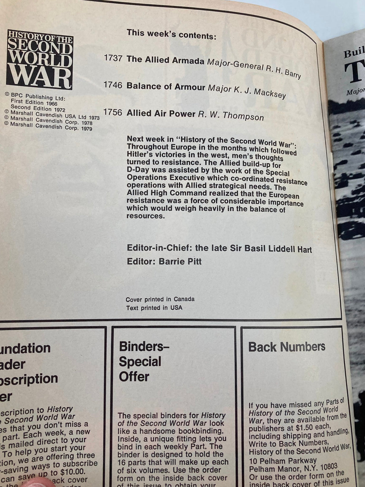 Contents page of VTG History of the Second World War Part 63, 1979 - The Allied War Machine, listing articles on military strategies and operations including 'The Allied Armada' and 'Allied Air Power'.