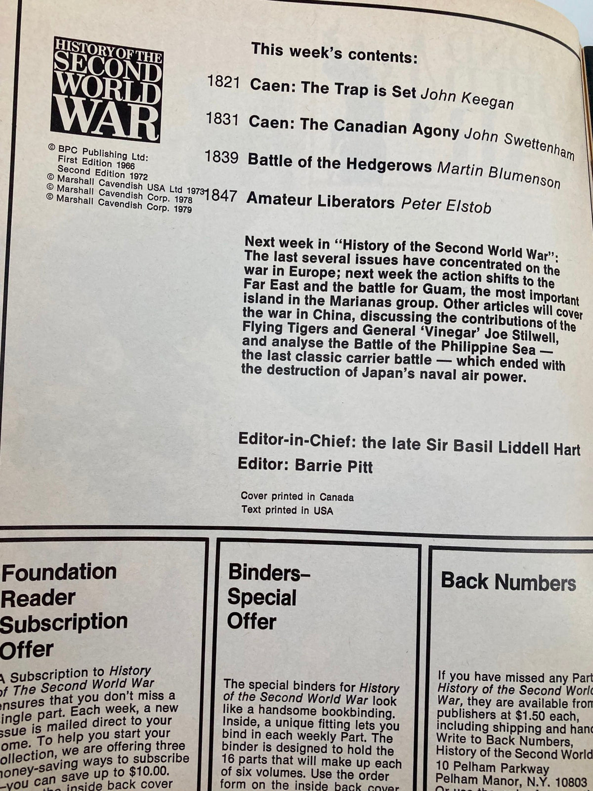 Inside page of VTG History of the Second World War Part 66, detailing contents including 'Battle of the Hedgerows' and topics about significant battles during World War II.