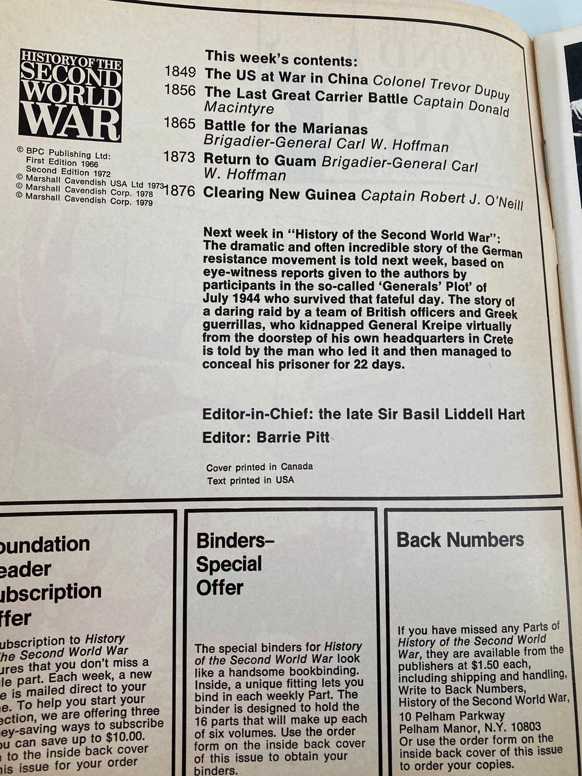 Interior page of VTG History of the Second World War Part 67, 1979, detailing contents including The Battle for the Marianas and future stories, featuring editor information and subscription offer.