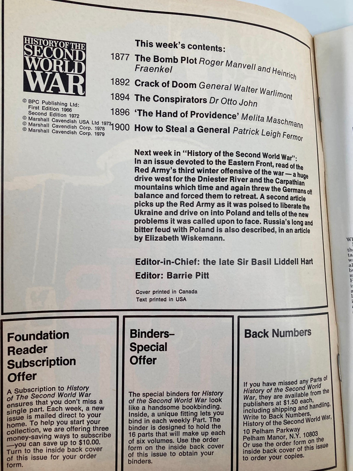 Inside view of VTG History of the Second World War Part 68, published in 1979, featuring the contents page including articles like 'The Bomb Plot', subscription offers, and details on binders for collectors.