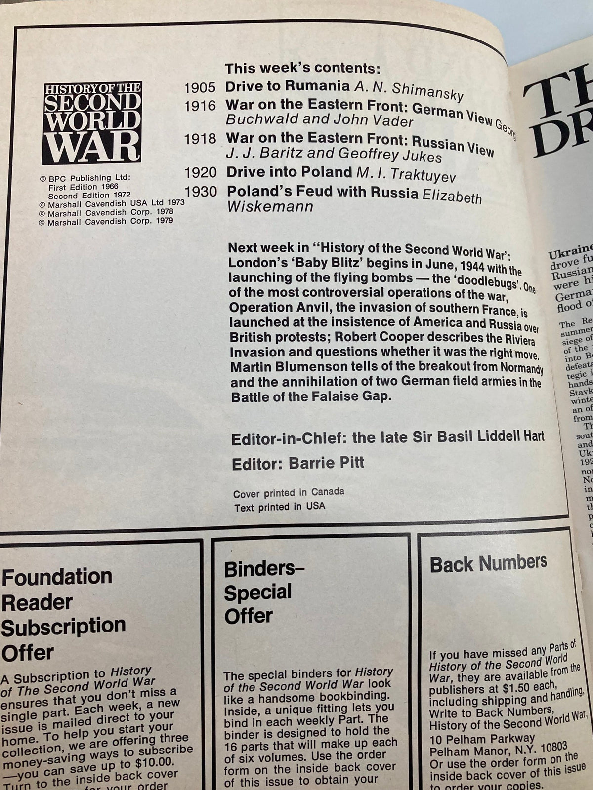 Inside page of 'History of the Second World War Part 69 - The Red Army Burst Into Poland' detailing contents and articles on significant events during WWII.