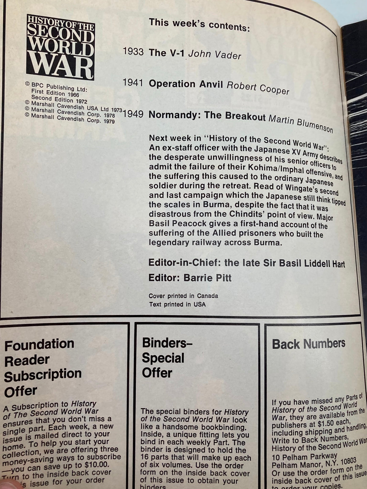 Inside page of the vintage magazine 'History of the Second World War Part 70', showcasing the contents section and subscription offers related to the ongoing series about World War II, published in 1979.