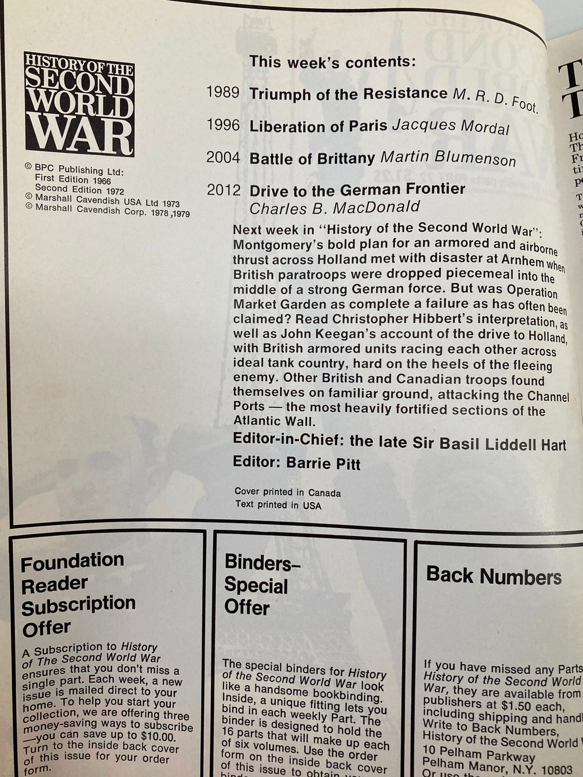 Interior page from 'VTG History of the Second World War Part 72 1979 Triumph of Resistance' showing the contents list and editor details, highlighting significant articles about key World War II events.