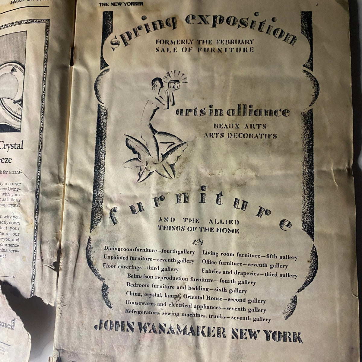 An advertisement page from The New Yorker Complete Magazine January 21, 1928, featuring a spring exposition sale of furniture.