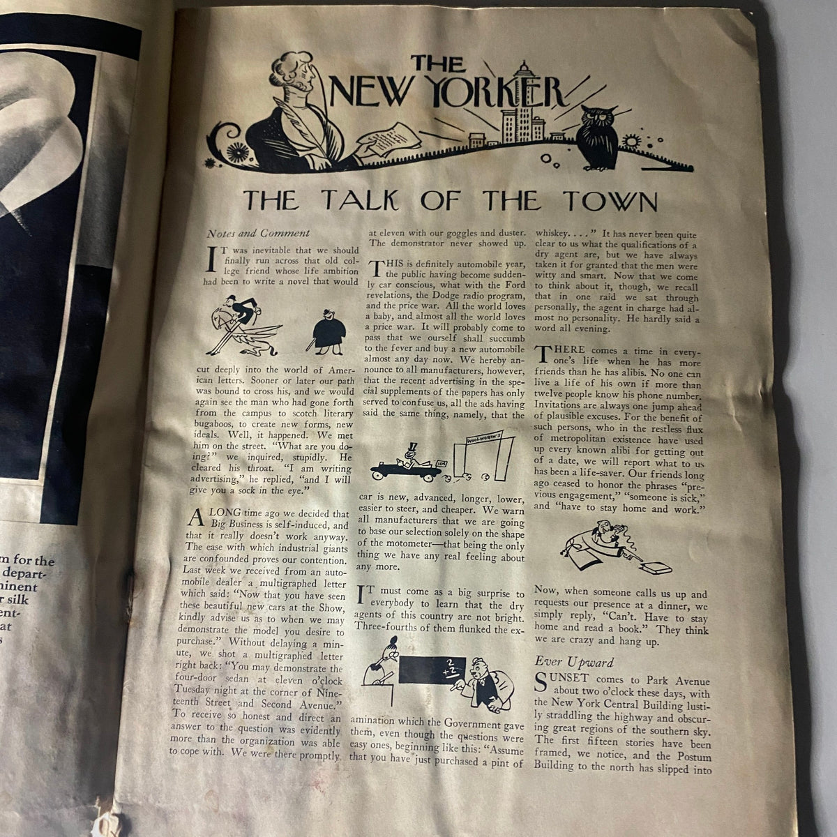 An editorial section from The New Yorker Complete Magazine January 21, 1928, titled 'The Talk of the Town', displaying classic perspectives and illustrations.
