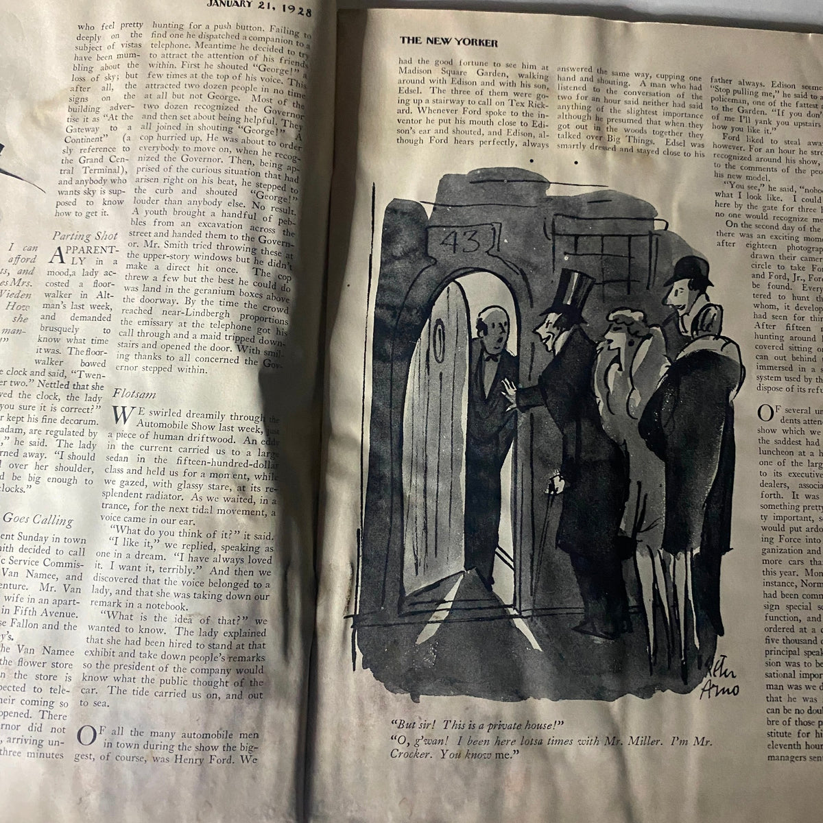 An illustration from The New Yorker Complete Magazine January 21, 1928, depicting a humorous scene with characters engaging at a door.