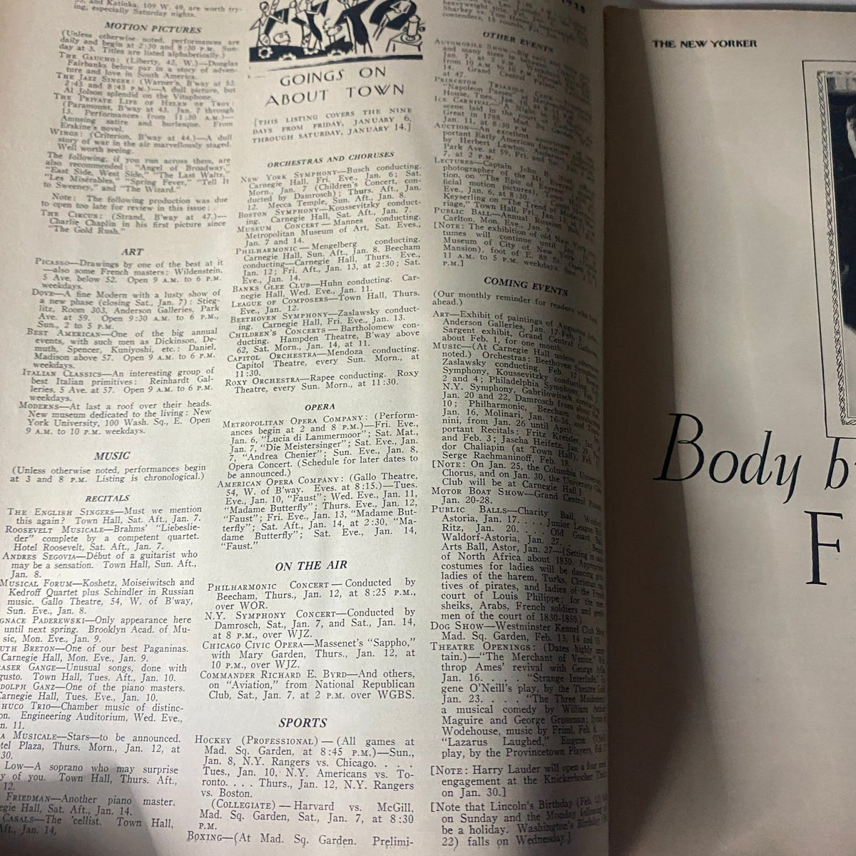 Inside pages of The New Yorker Complete Magazine dated January 7, 1928, showcasing articles and advertisements, reflecting the cultural essence of the late 1920s.