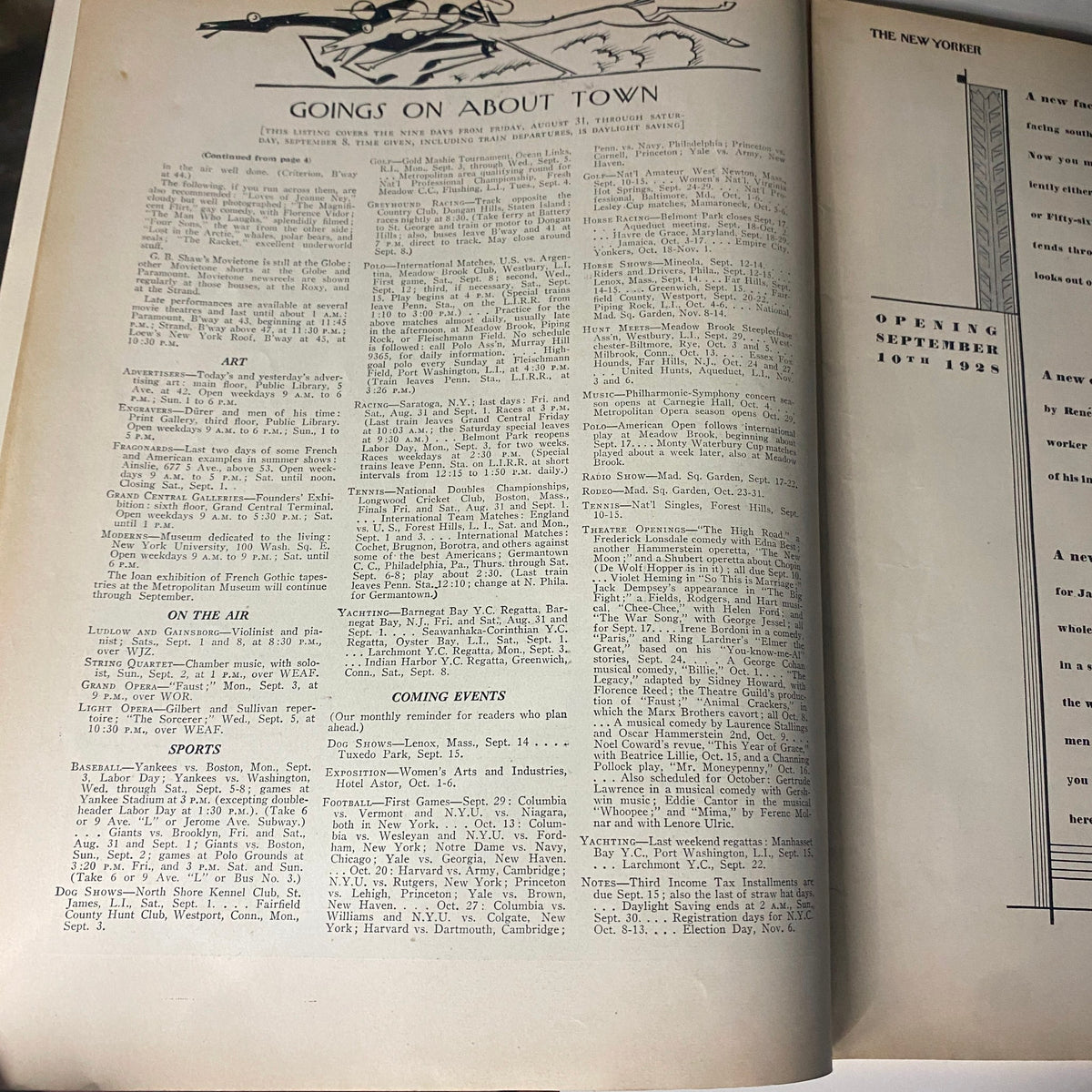 Detailed interior page of The New Yorker magazine featuring the 'Goings On About Town' section from the September 1, 1928 issue, with notable events, art exhibitions, and sports news.