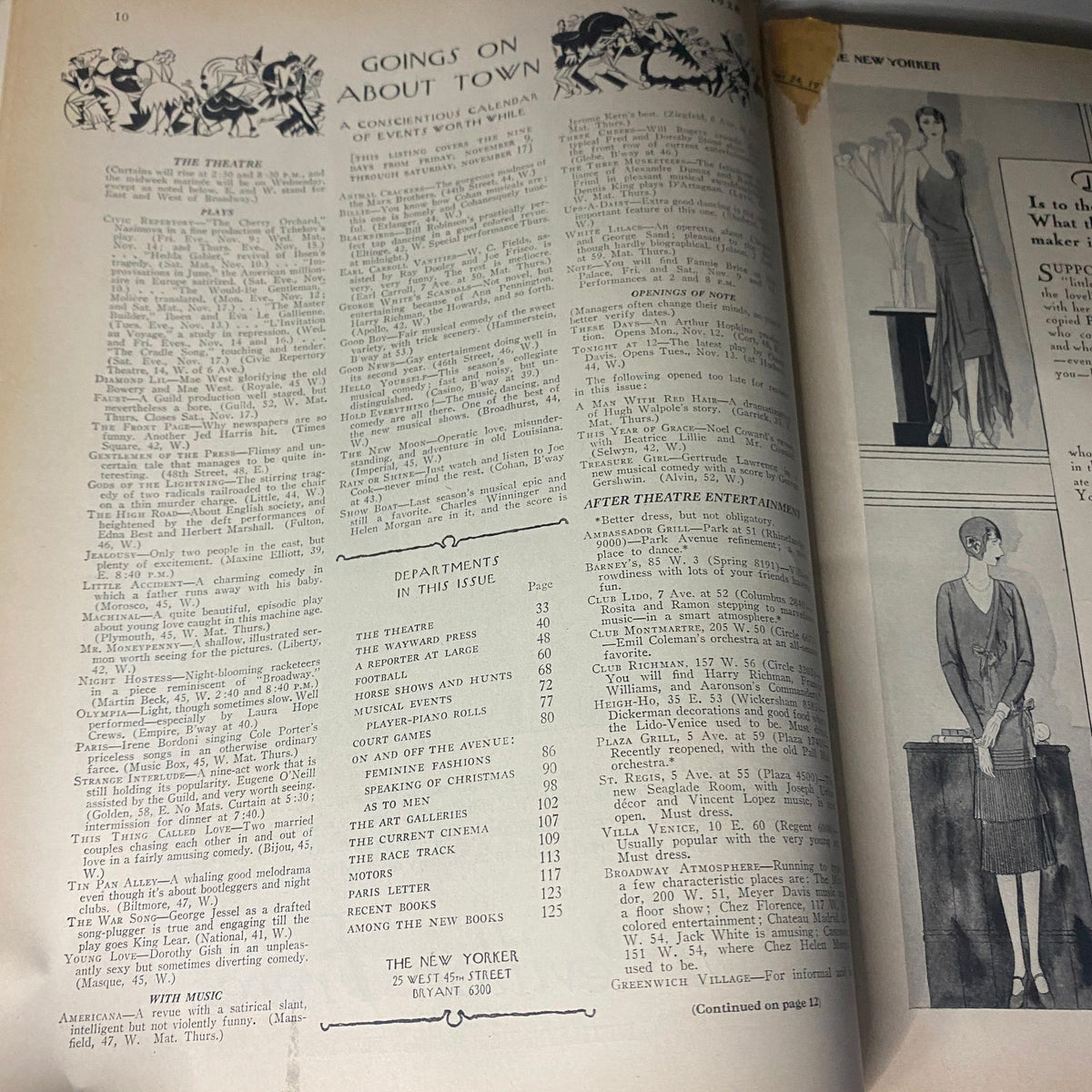 Interior page of The New Yorker magazine dated November 10, 1928, featuring 'Goings On About Town' section and detailed listings of theatre events. This issue showcases the artistic style of the 1920s, complementing the Theodore Haupt cover.